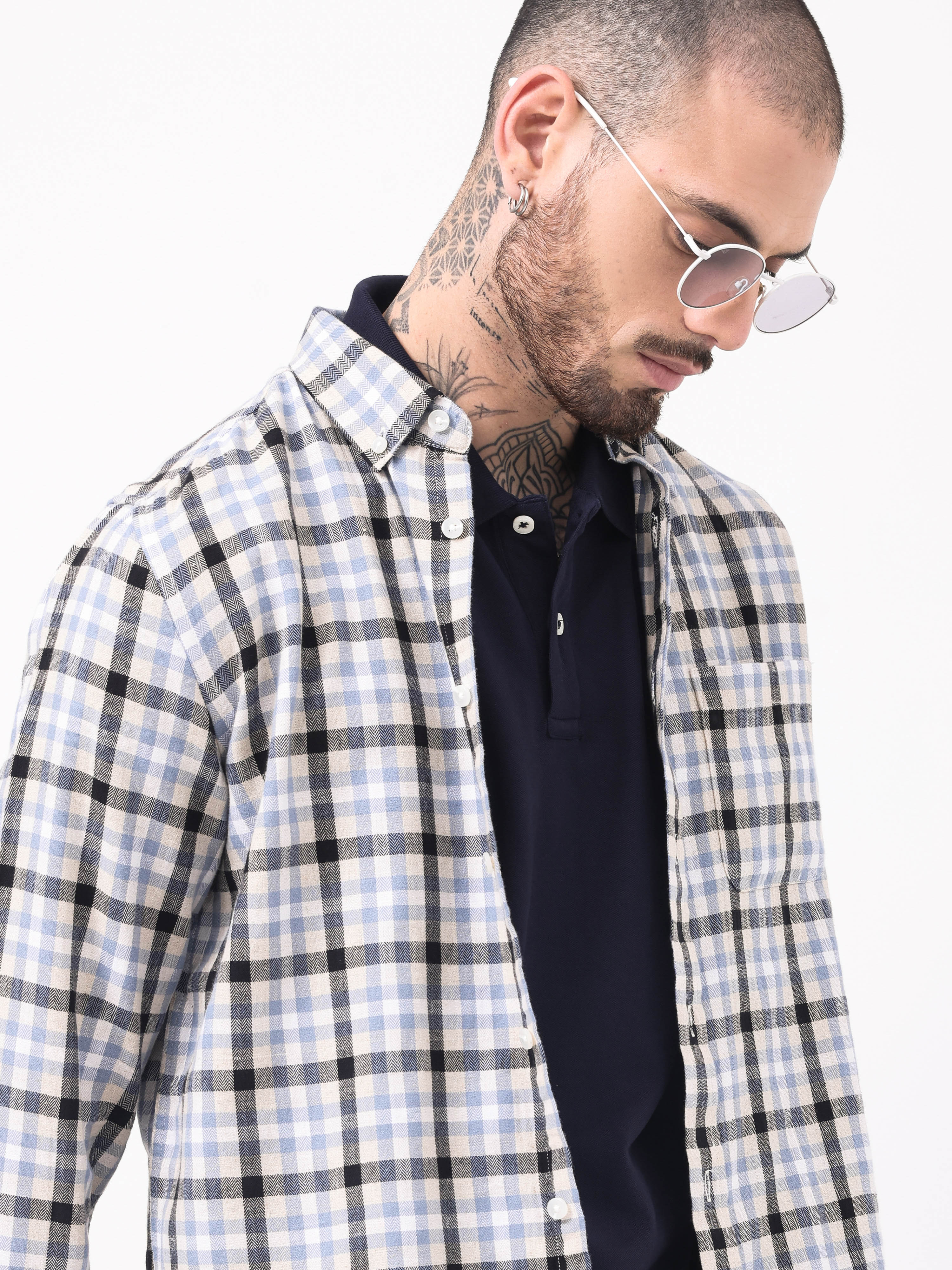 TWILL HEARINGBONE WEAVE CHECKS SHIRT