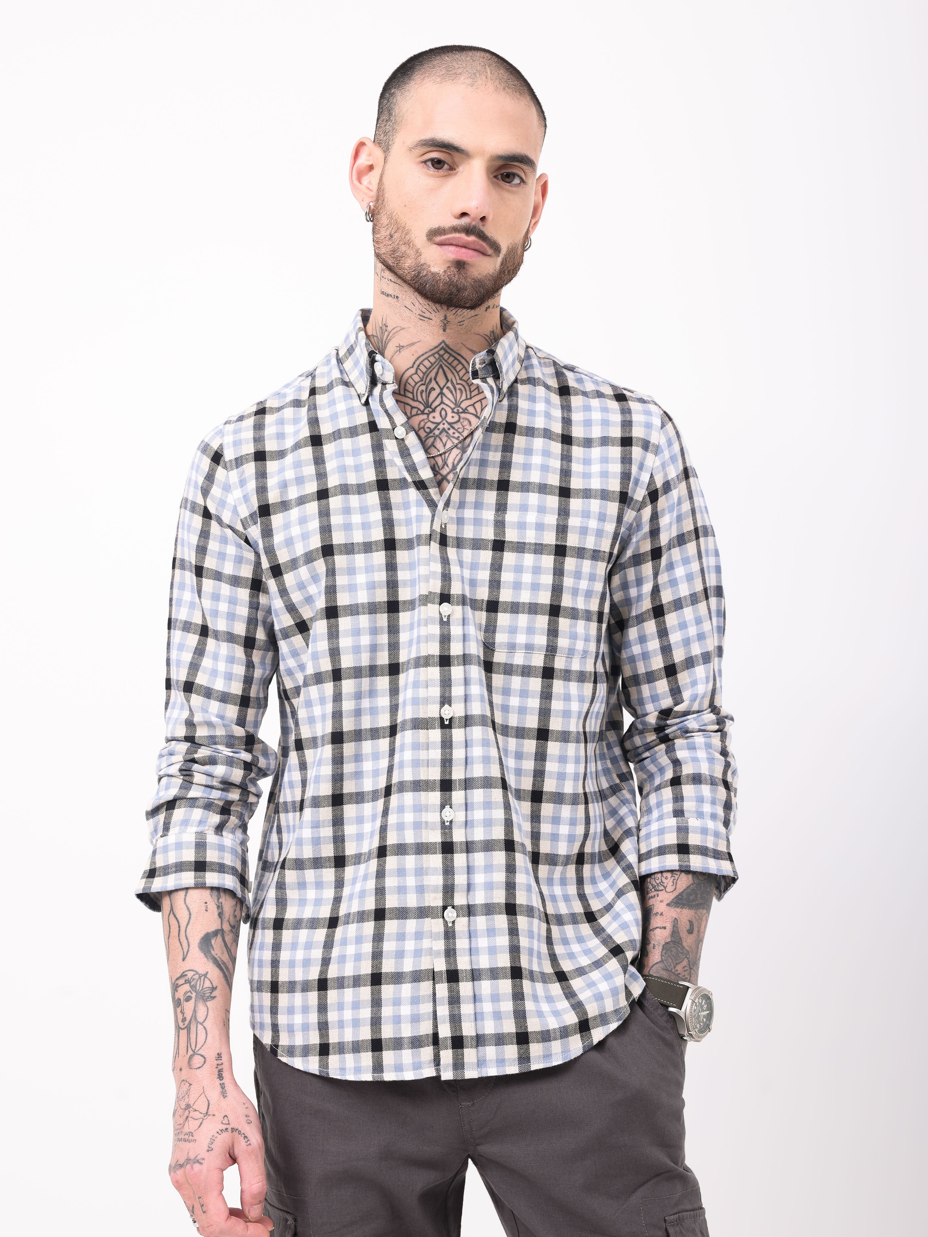 TWILL HEARINGBONE WEAVE CHECKS SHIRT