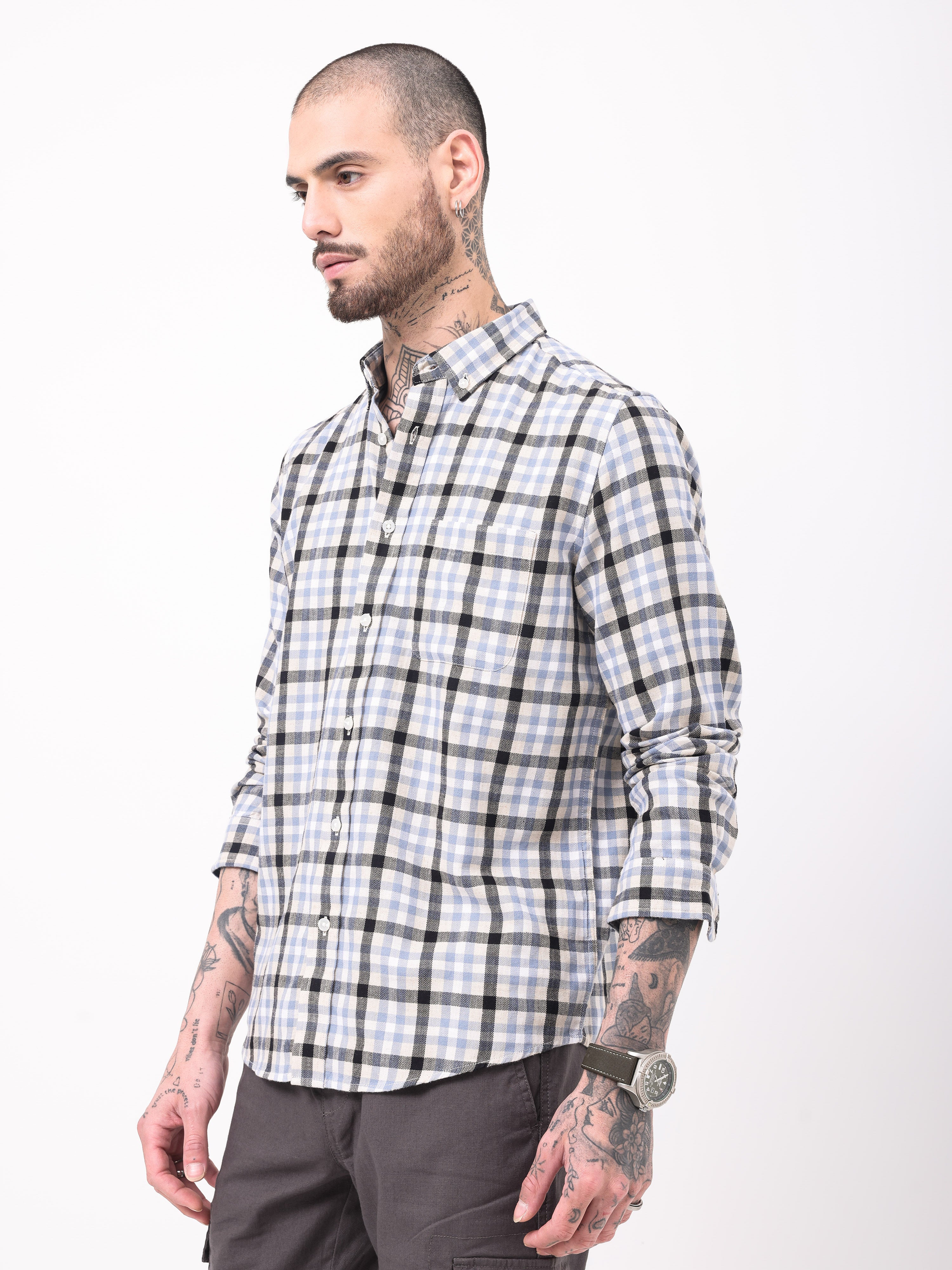 TWILL HEARINGBONE WEAVE CHECKS SHIRT