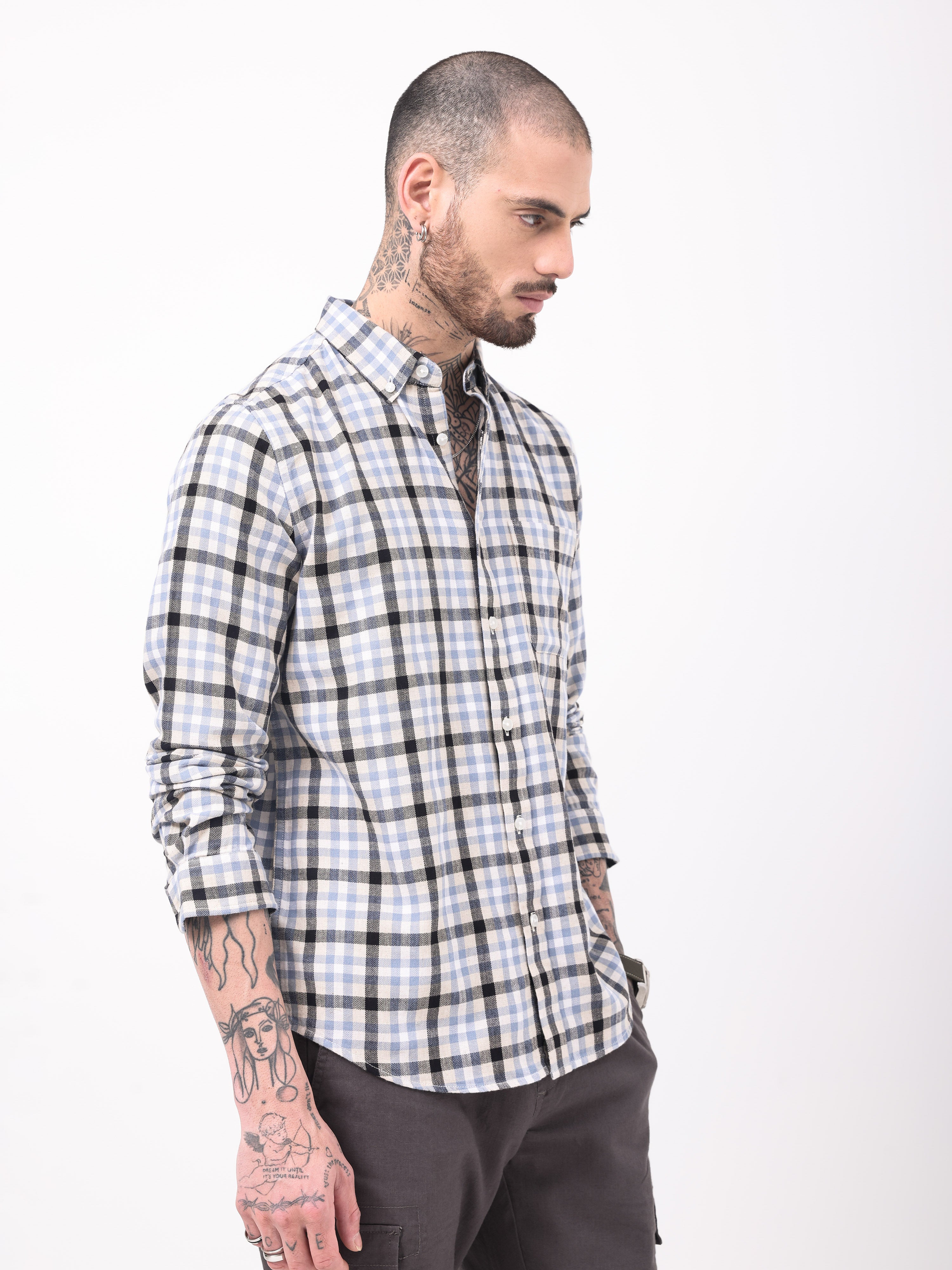 TWILL HEARINGBONE WEAVE CHECKS SHIRT