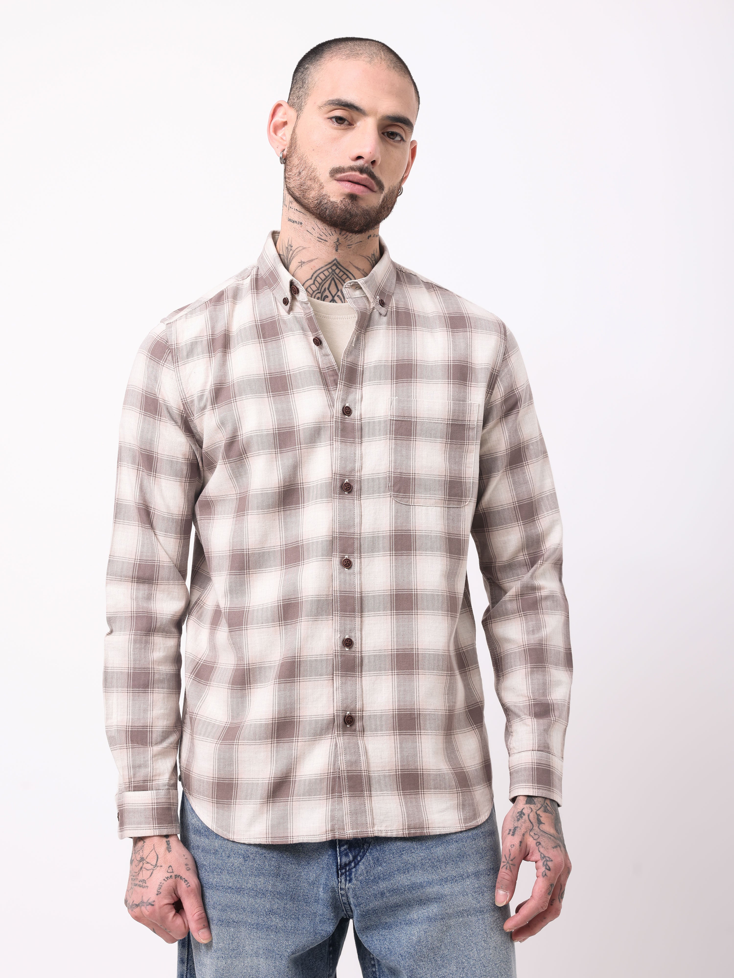 twill hearingbone weave checks shirt