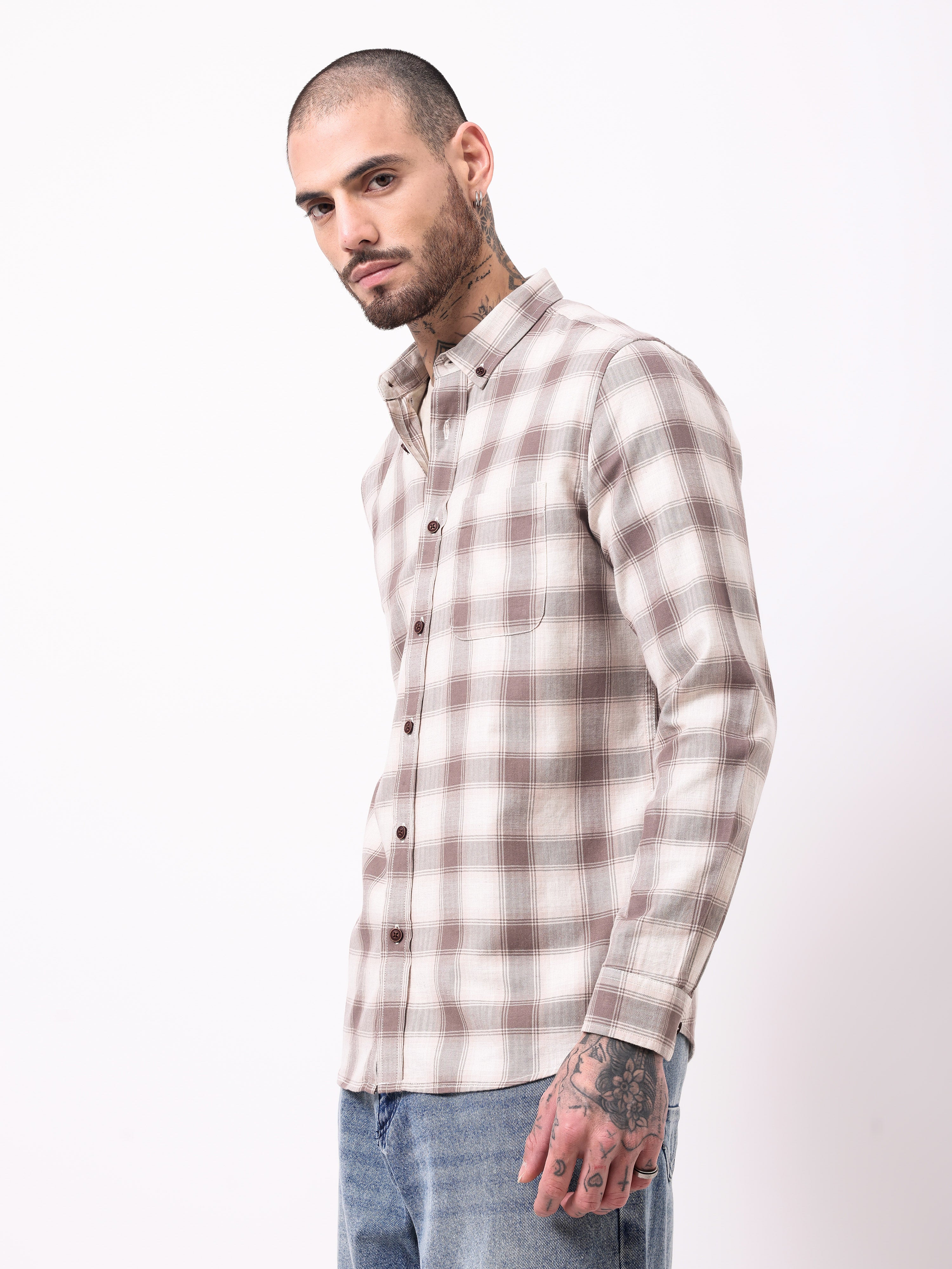 twill hearingbone weave checks shirt