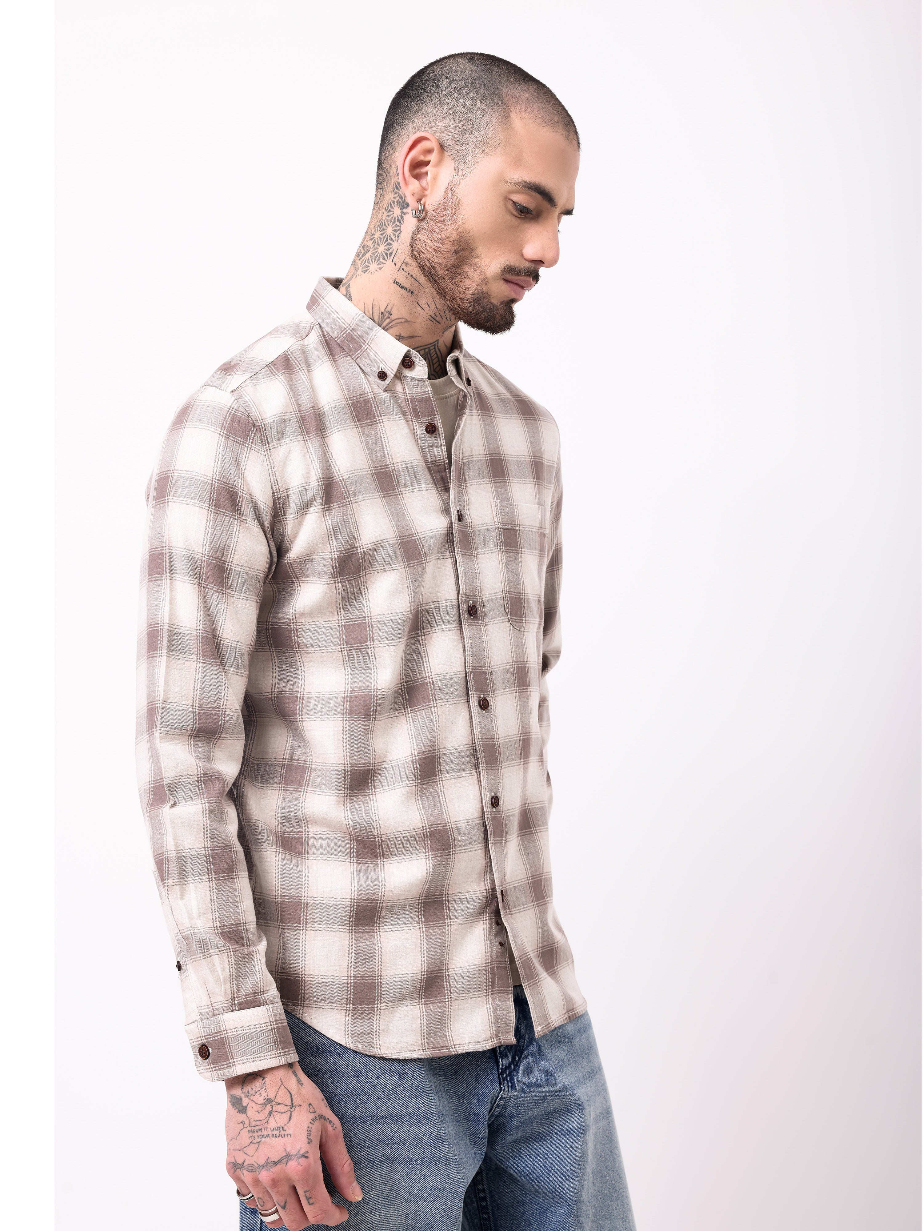 twill hearingbone weave checks shirt