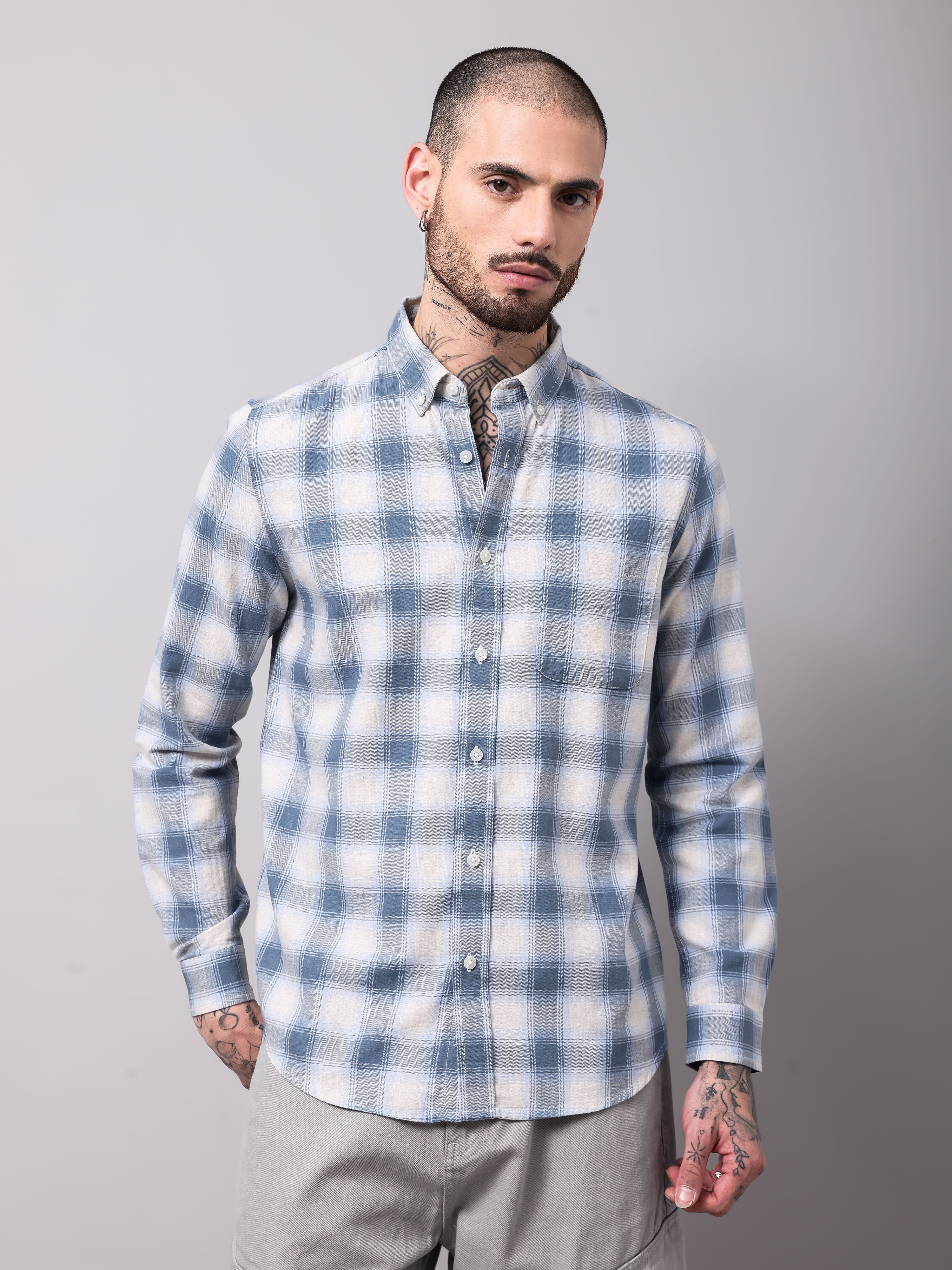 twill hearingbone weave checks shirt