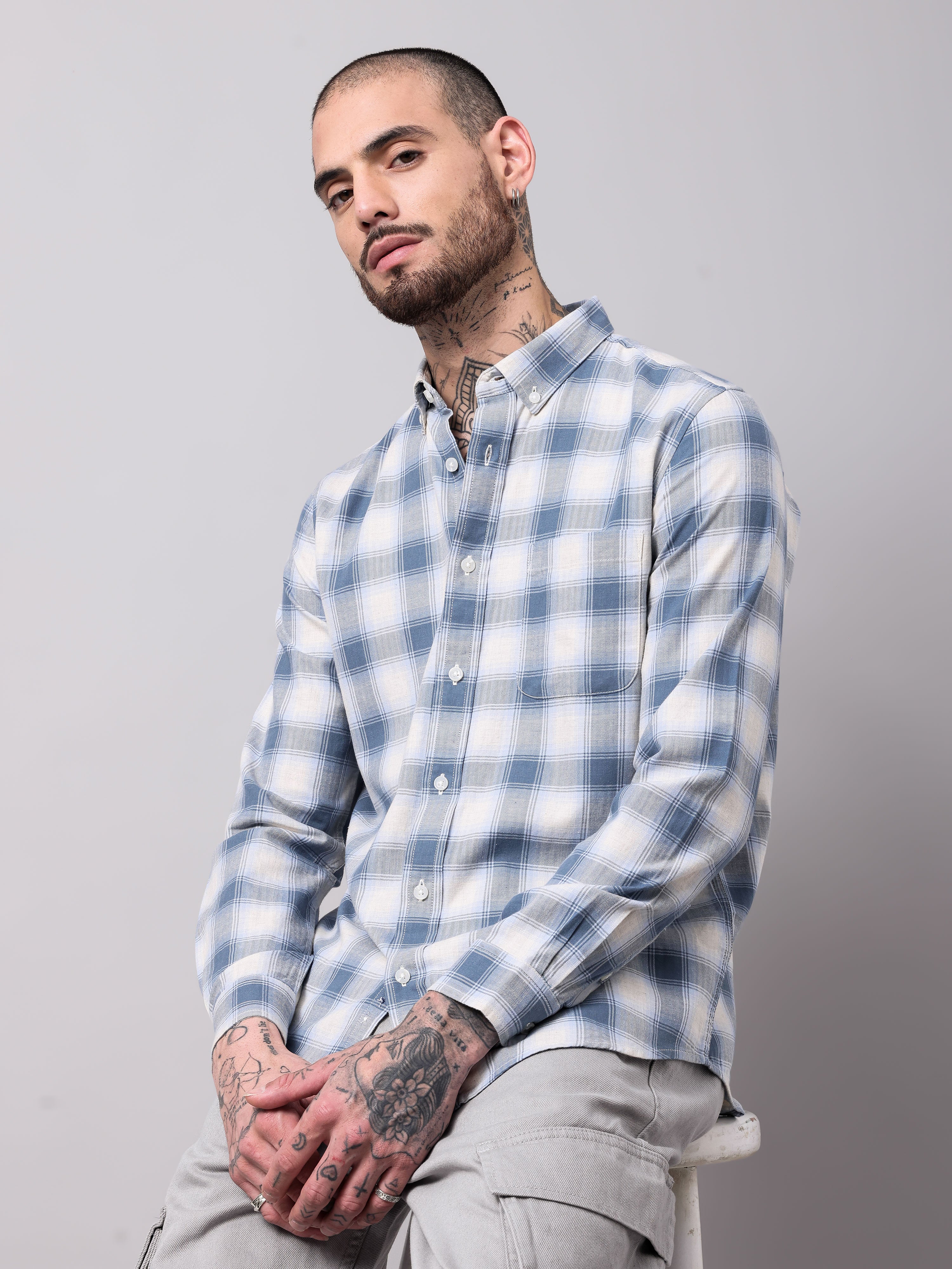 twill hearingbone weave checks shirt