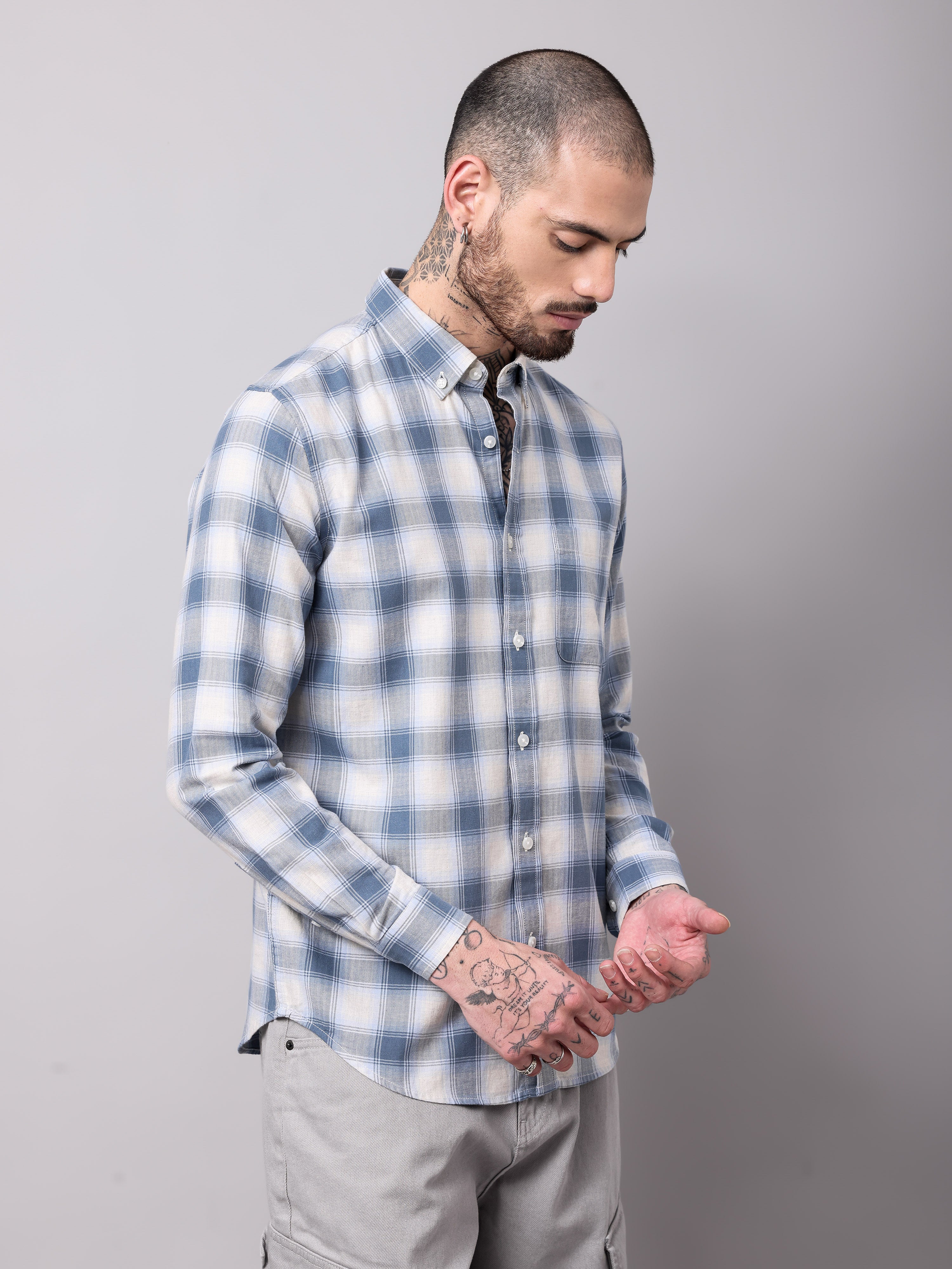 twill hearingbone weave checks shirt