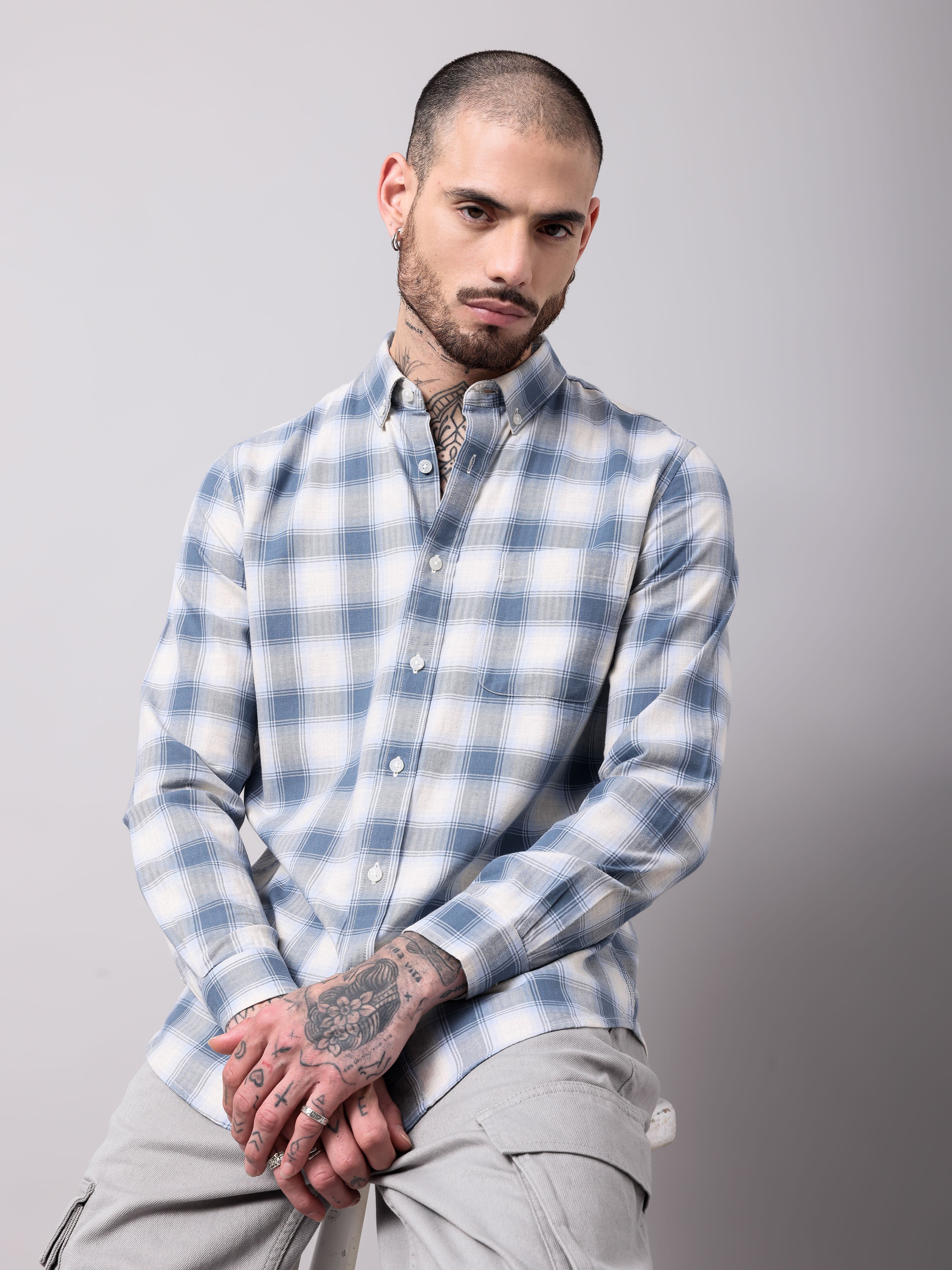 twill hearingbone weave checks shirt