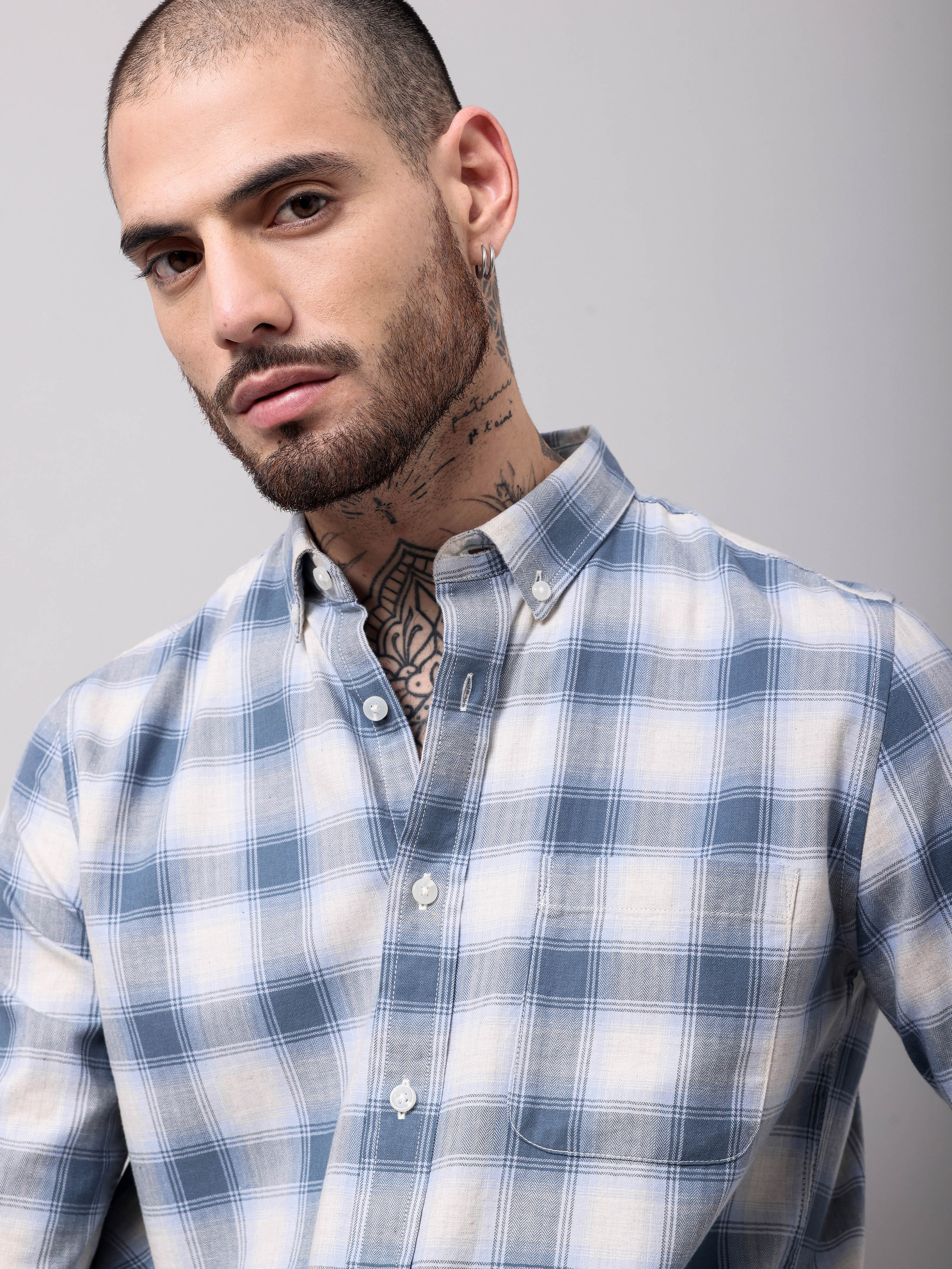 twill hearingbone weave checks shirt