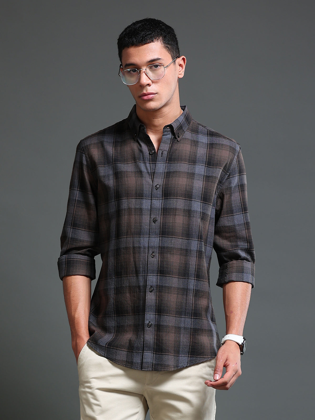 Men's Melange Twill Brown Checks Shirts