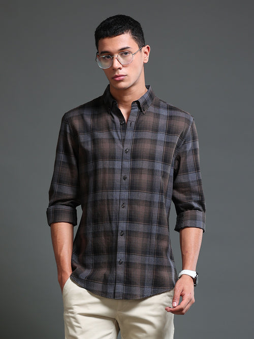 Men's Melange Twill Brown Checks Shirts