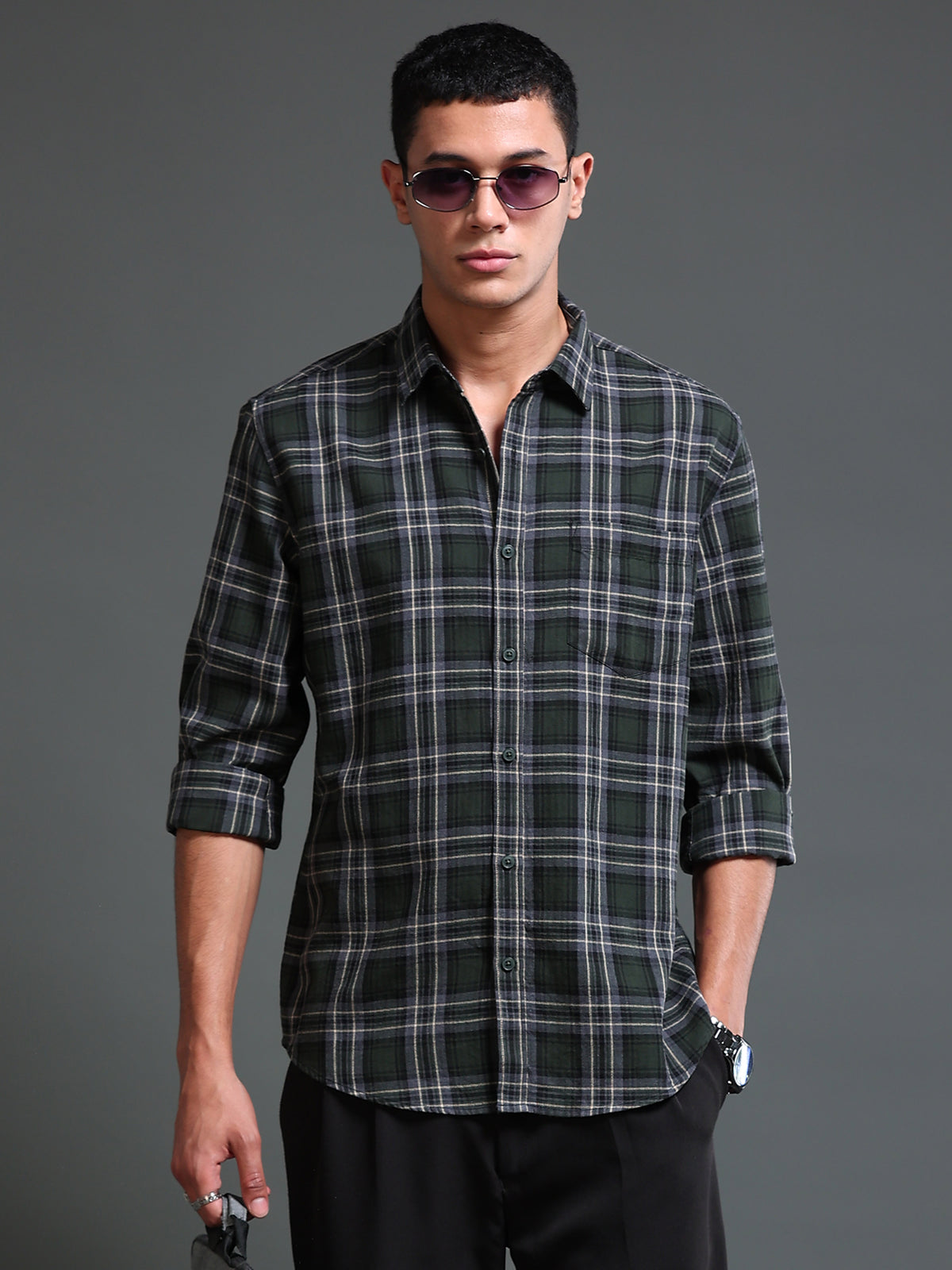 Men's Melange Twill Olive Checks Shirts
