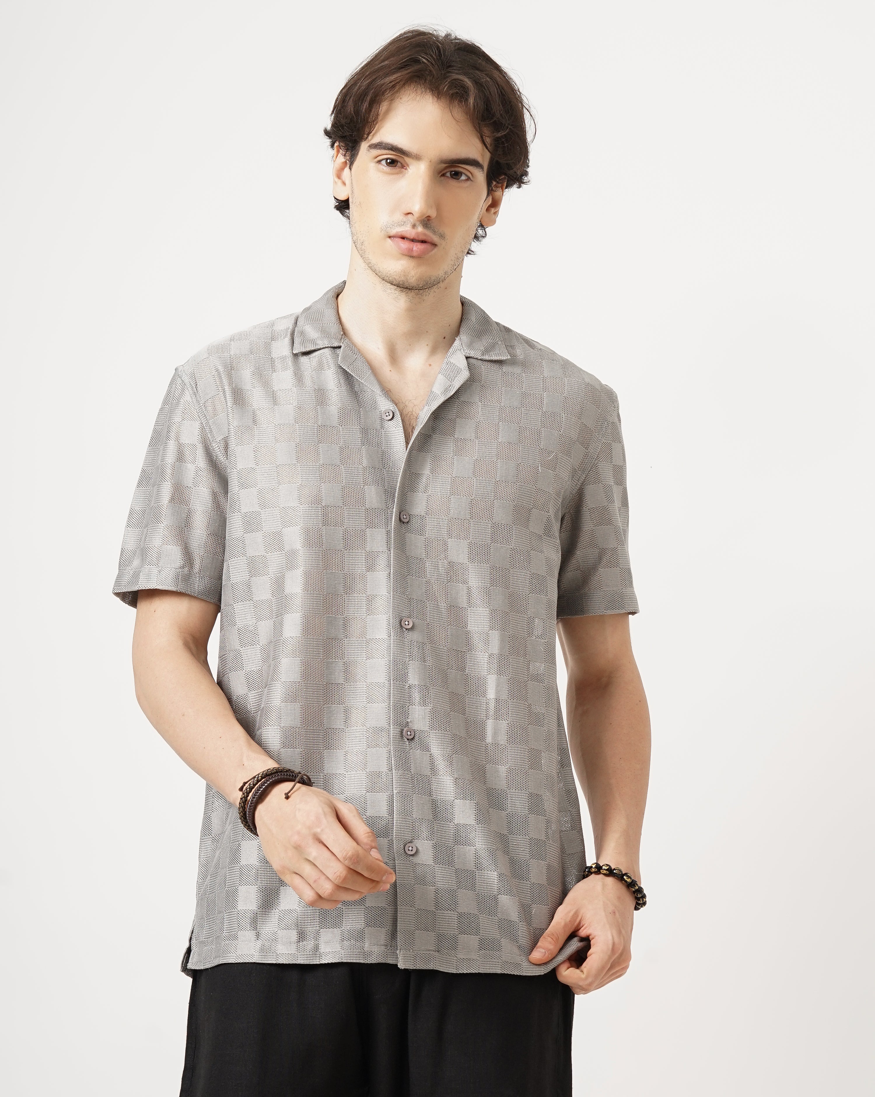 MEN'S REGULAR FIT SELF DESIGN SHIRT