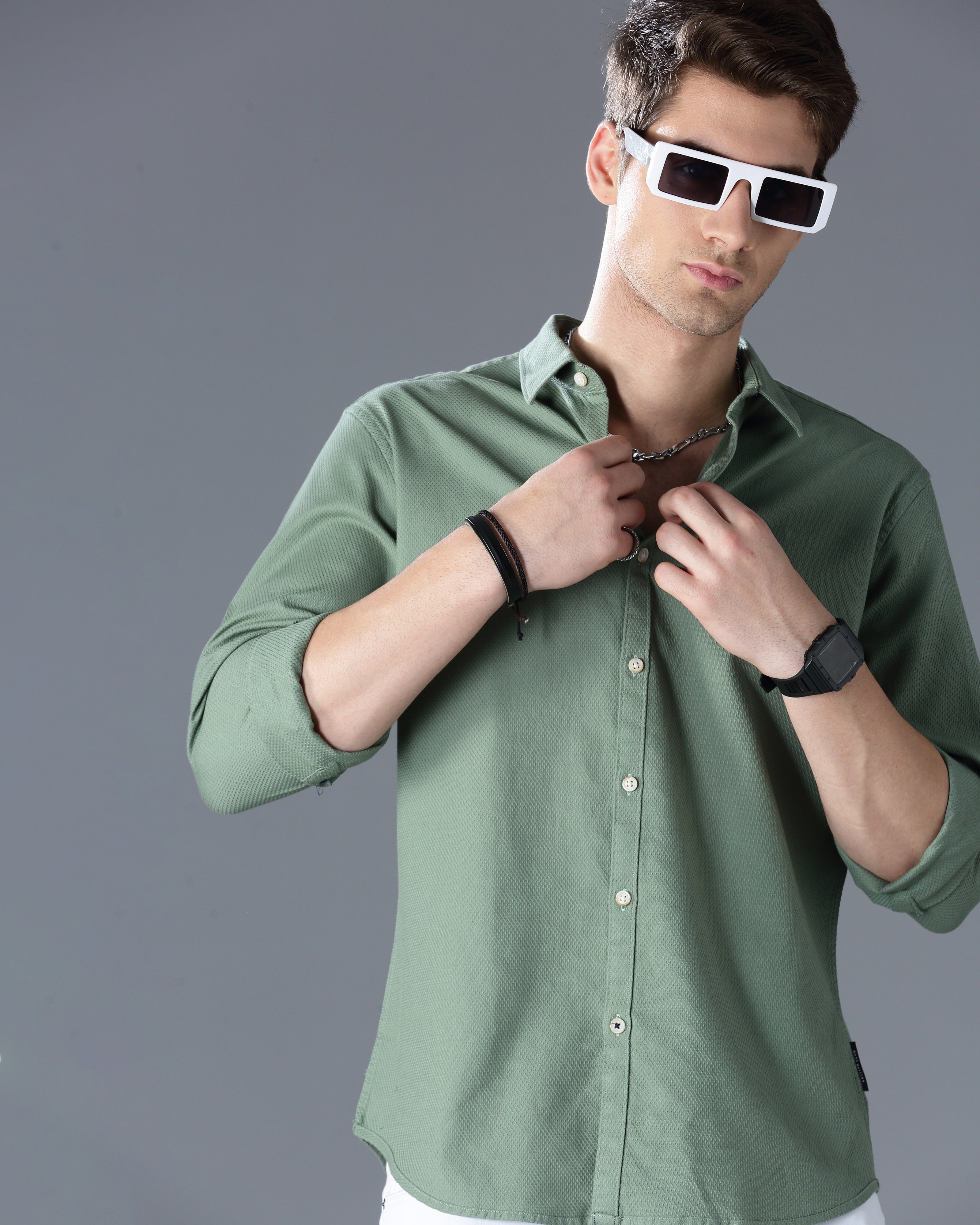 Green Self Design Dobby Casual Shirt