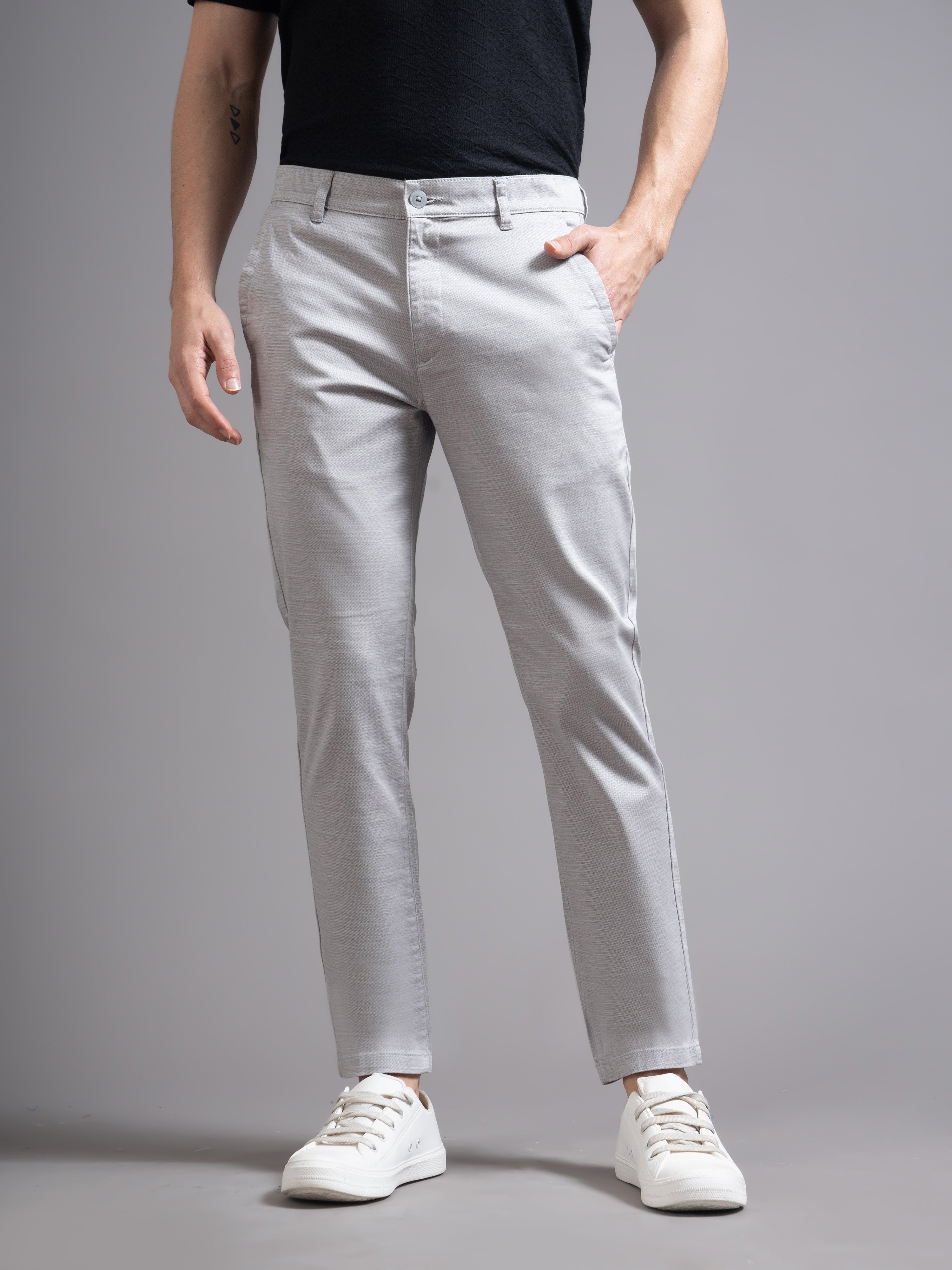 Men Solid Comfort Slim Fit Low-rise Cotton Chinos Trousers