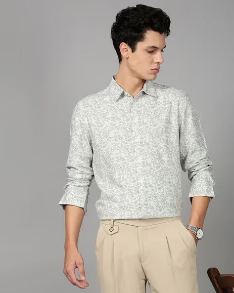 Men Smart Slim Fit Floral Printed Spread Collar Cotton Formal Shirt