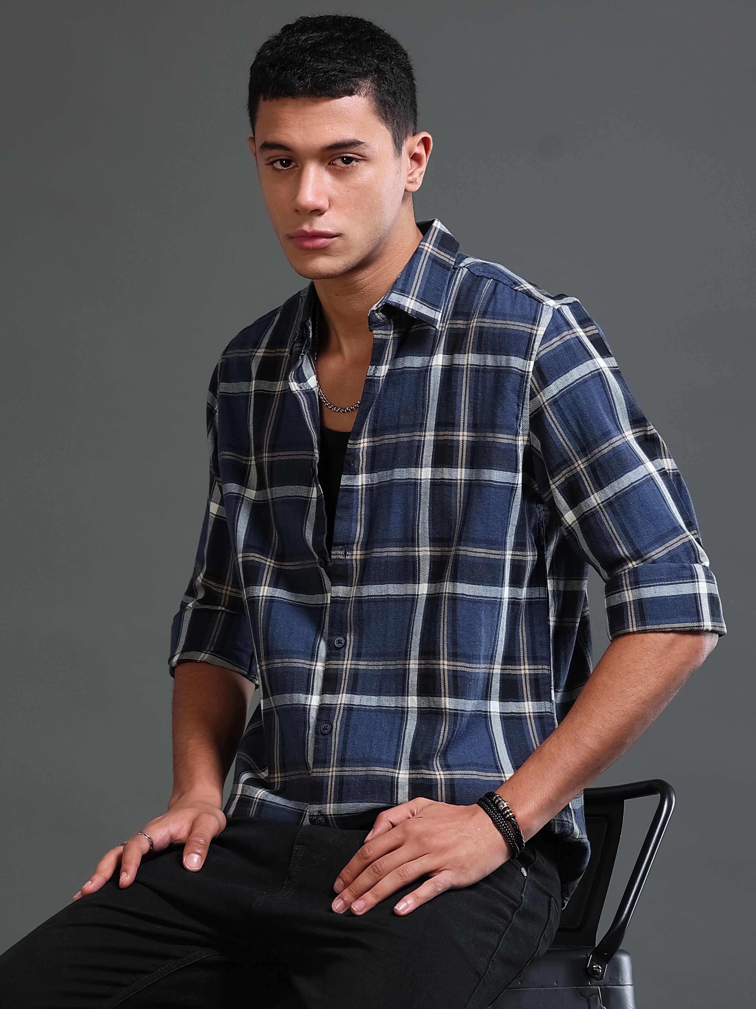 Men Navy Checks Shirt