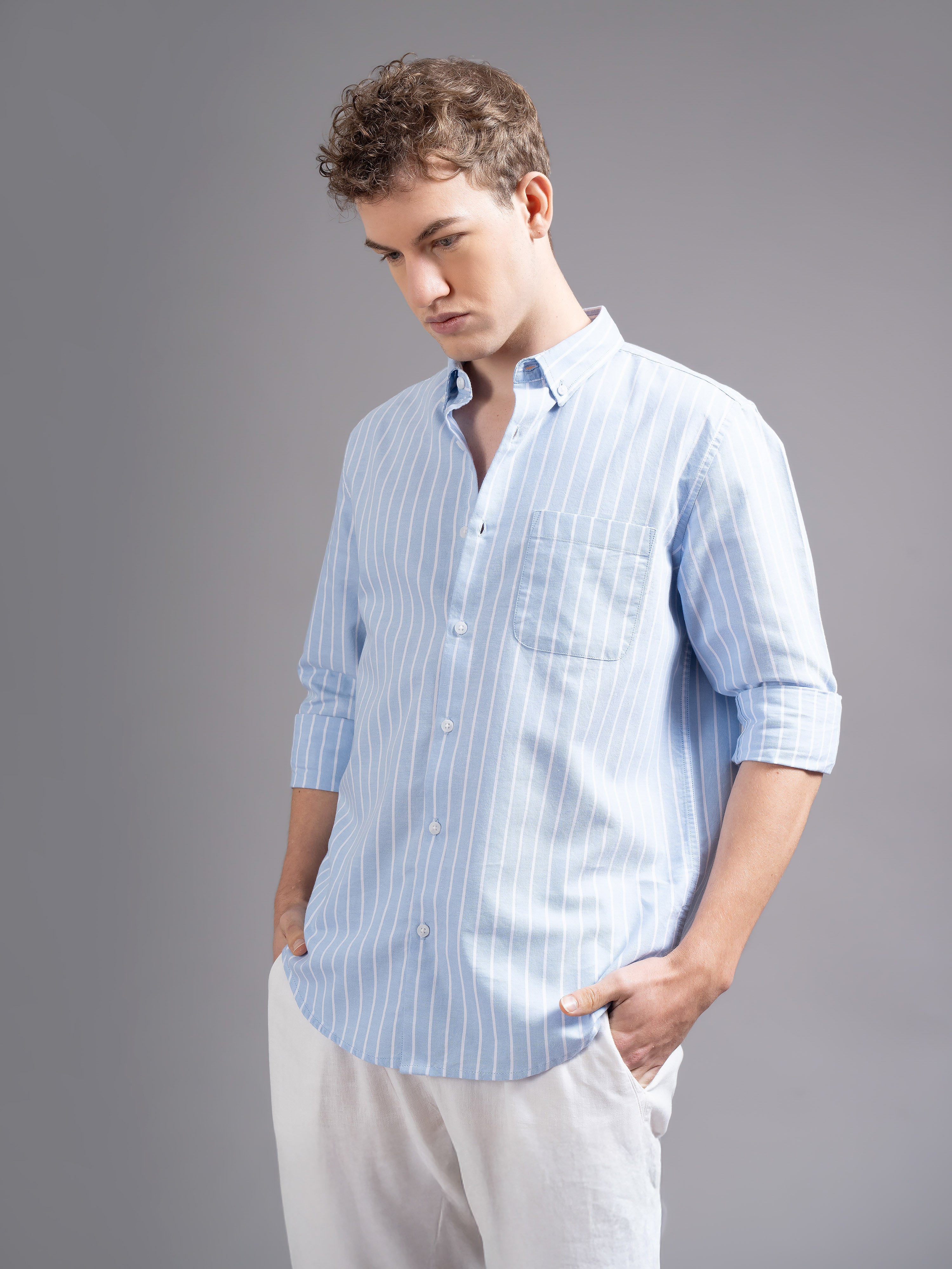 Men Smart Fit Vertical Striped Button-Down Collar Cotton Casual Shirt