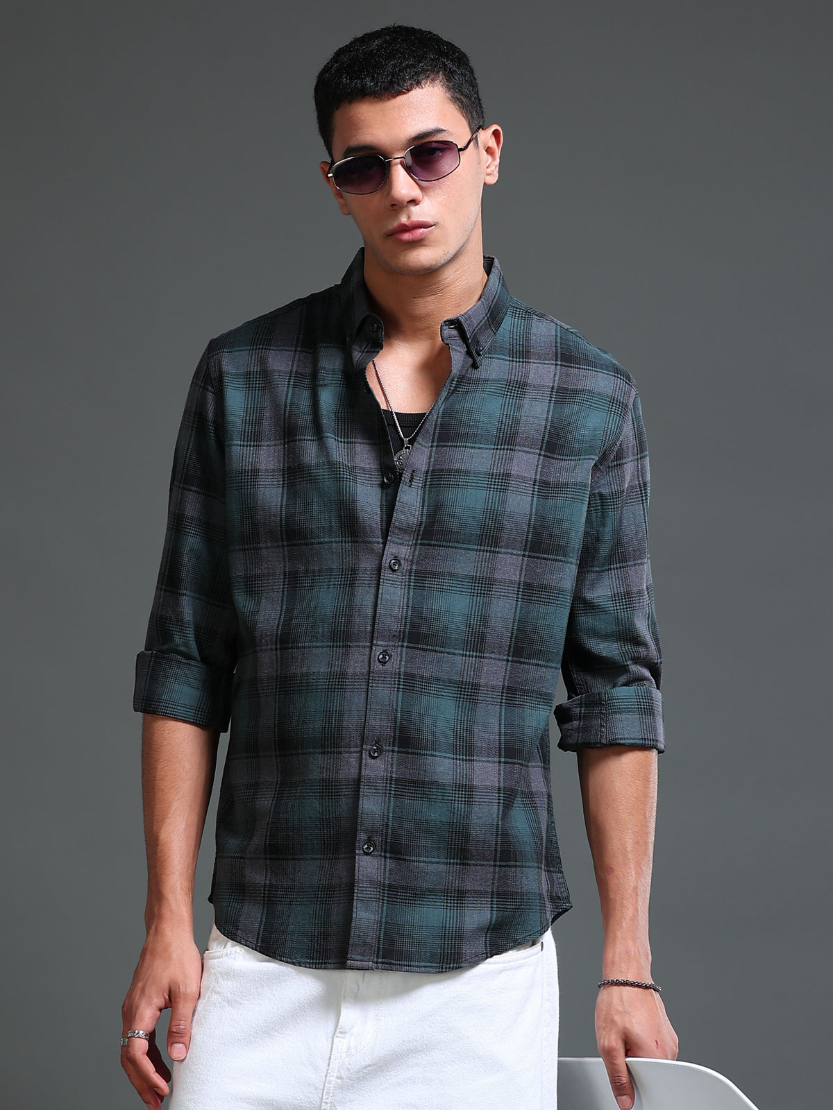 Men's Melange Twill Green Checks Shirts