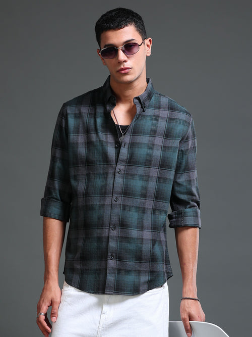 Men's Melange Twill Green Checks Shirts