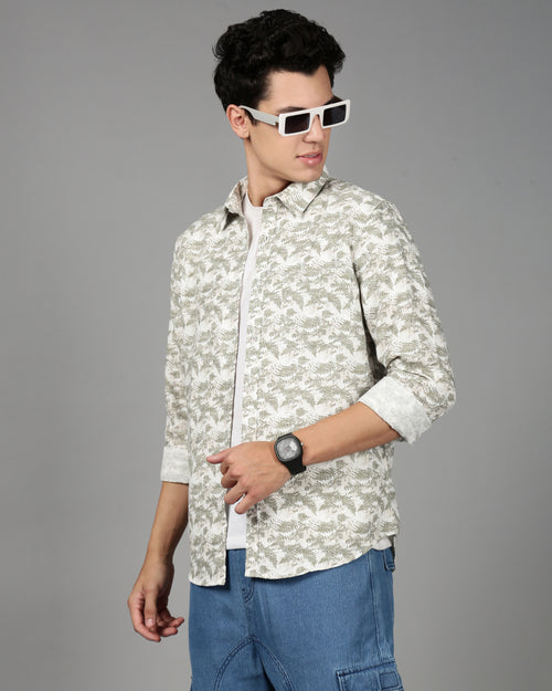 Men Smart Slim Fit Floral Printed Spread Collar Cotton Casual Shirt