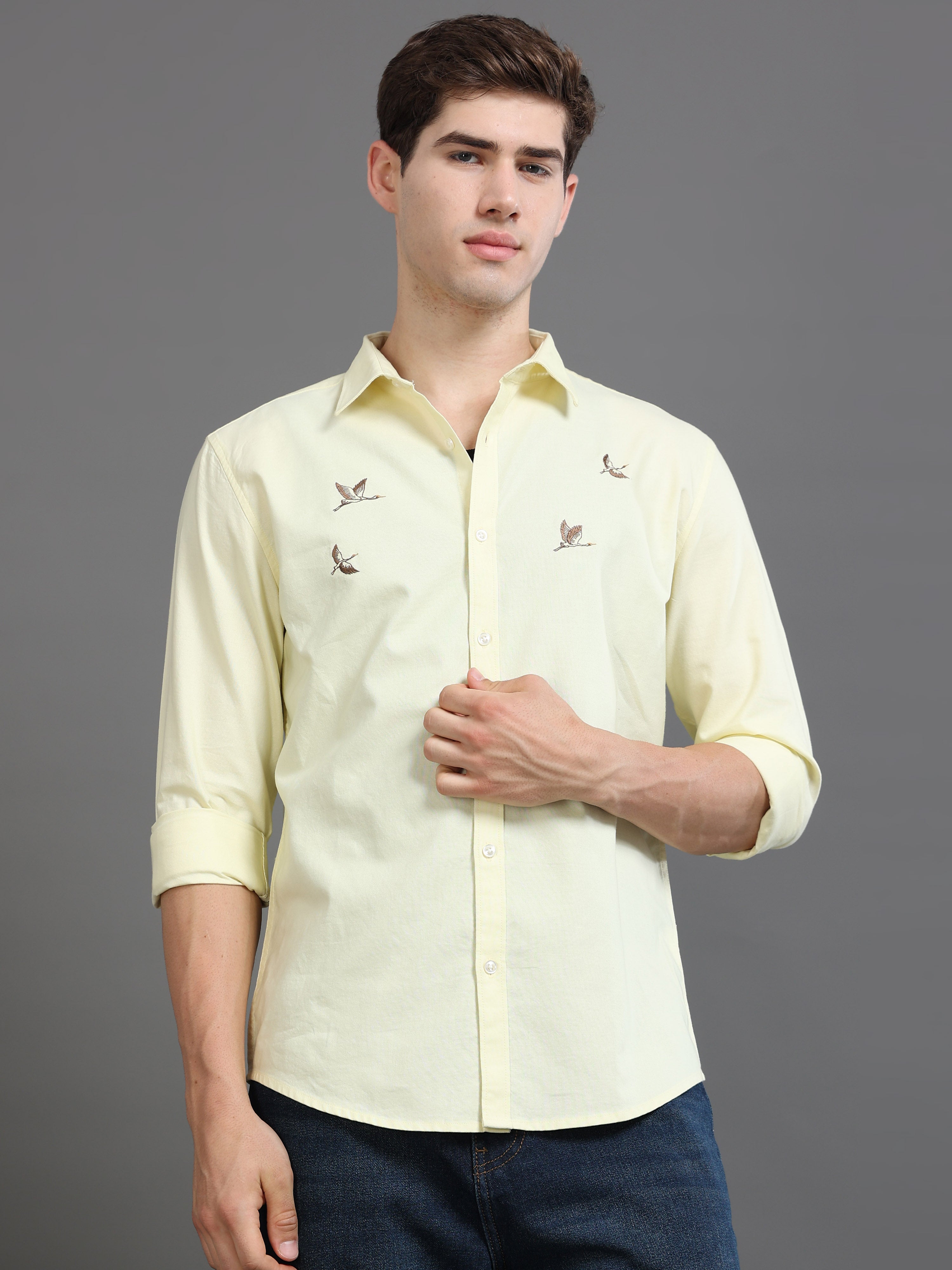 Men Oxford Embroidary Slim Fit Shirt