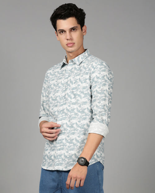 Men Smart Slim Fit Floral Printed Spread Collar Cotton Casual Shirt