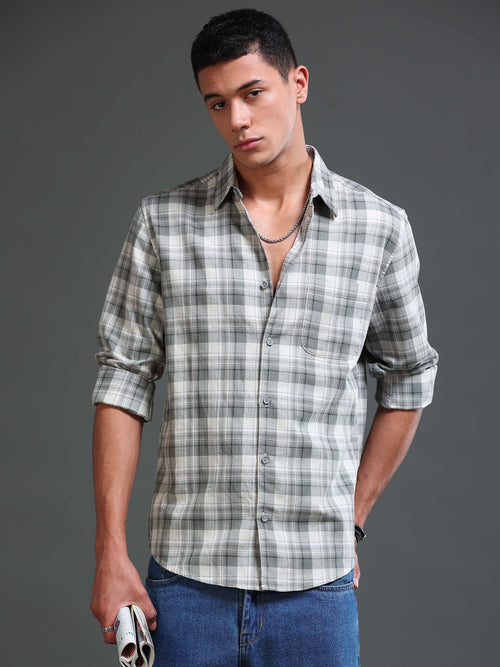 Men's Melange Twill Green Checks Shirts