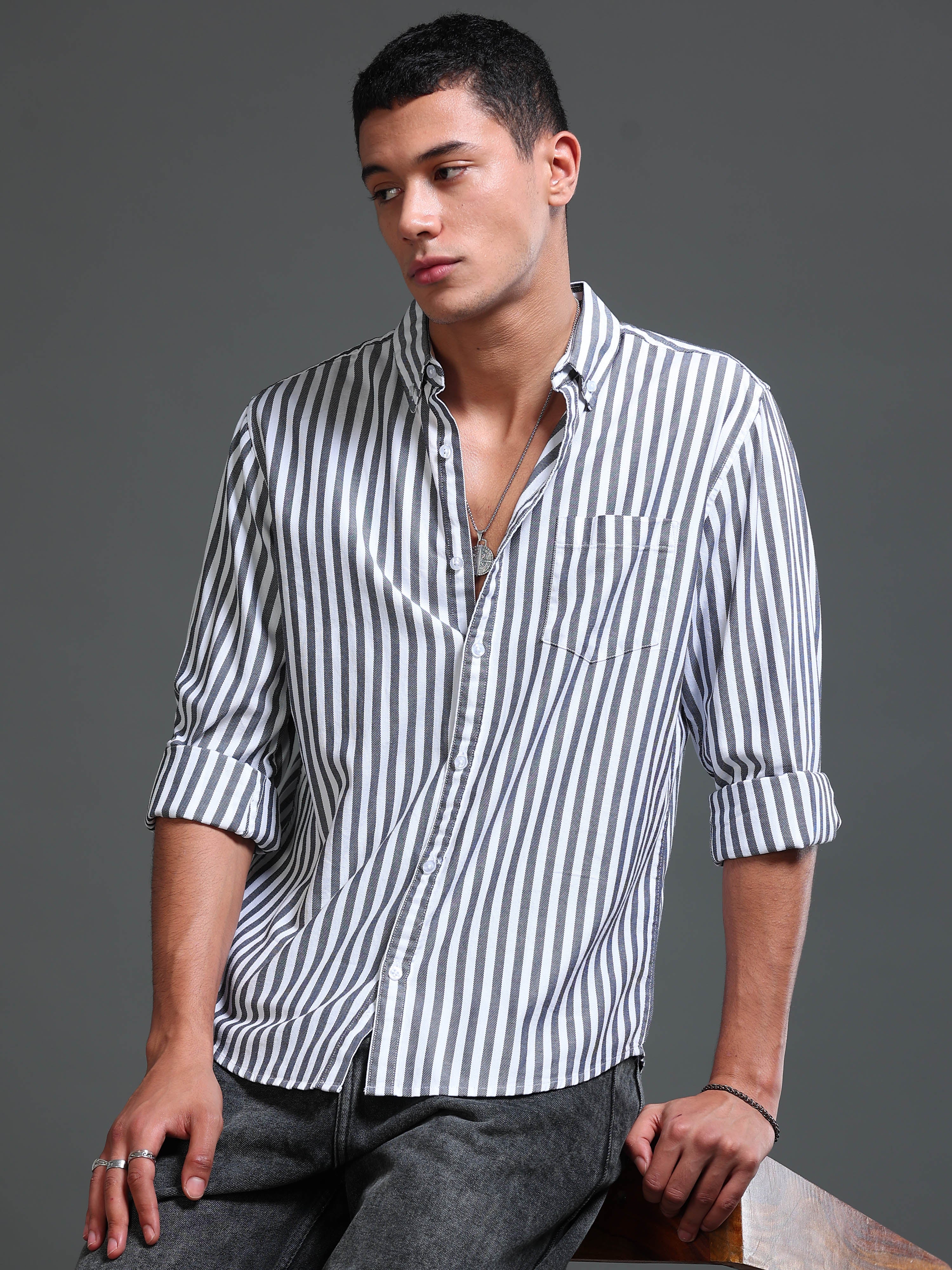 Men Stripes  Black Shirts