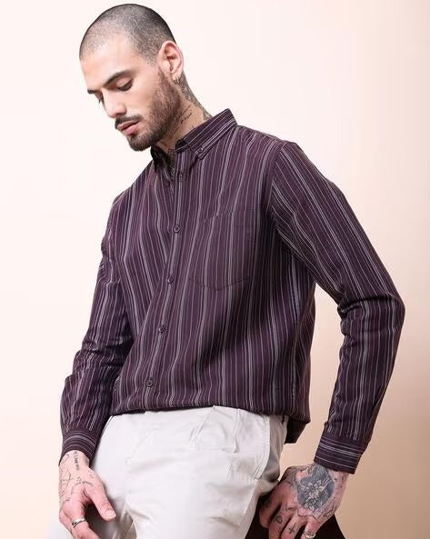 Men Comfort Button-Down Collar Vertical Striped Cotton Casual Shirt