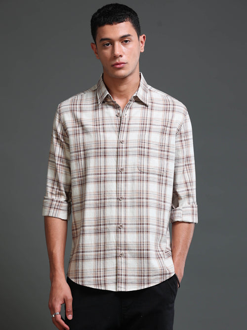 Men's Melange Twill Beige Checks Shirts