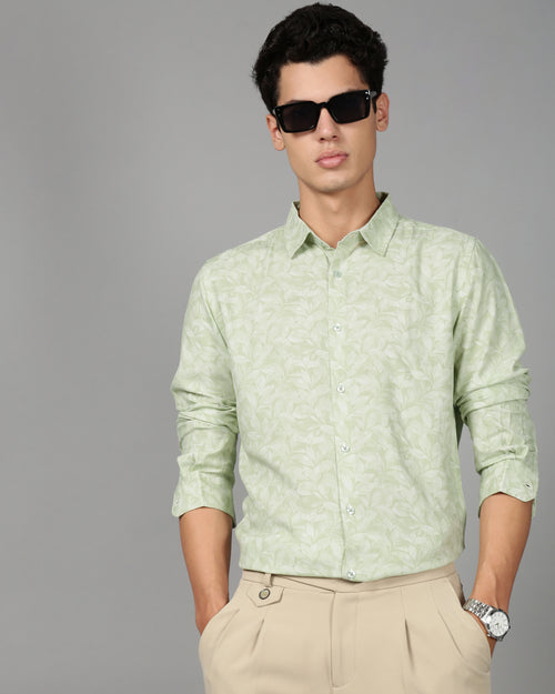Men Smart Slim Fit Floral Printed Spread Collar Cotton Casual Shirt