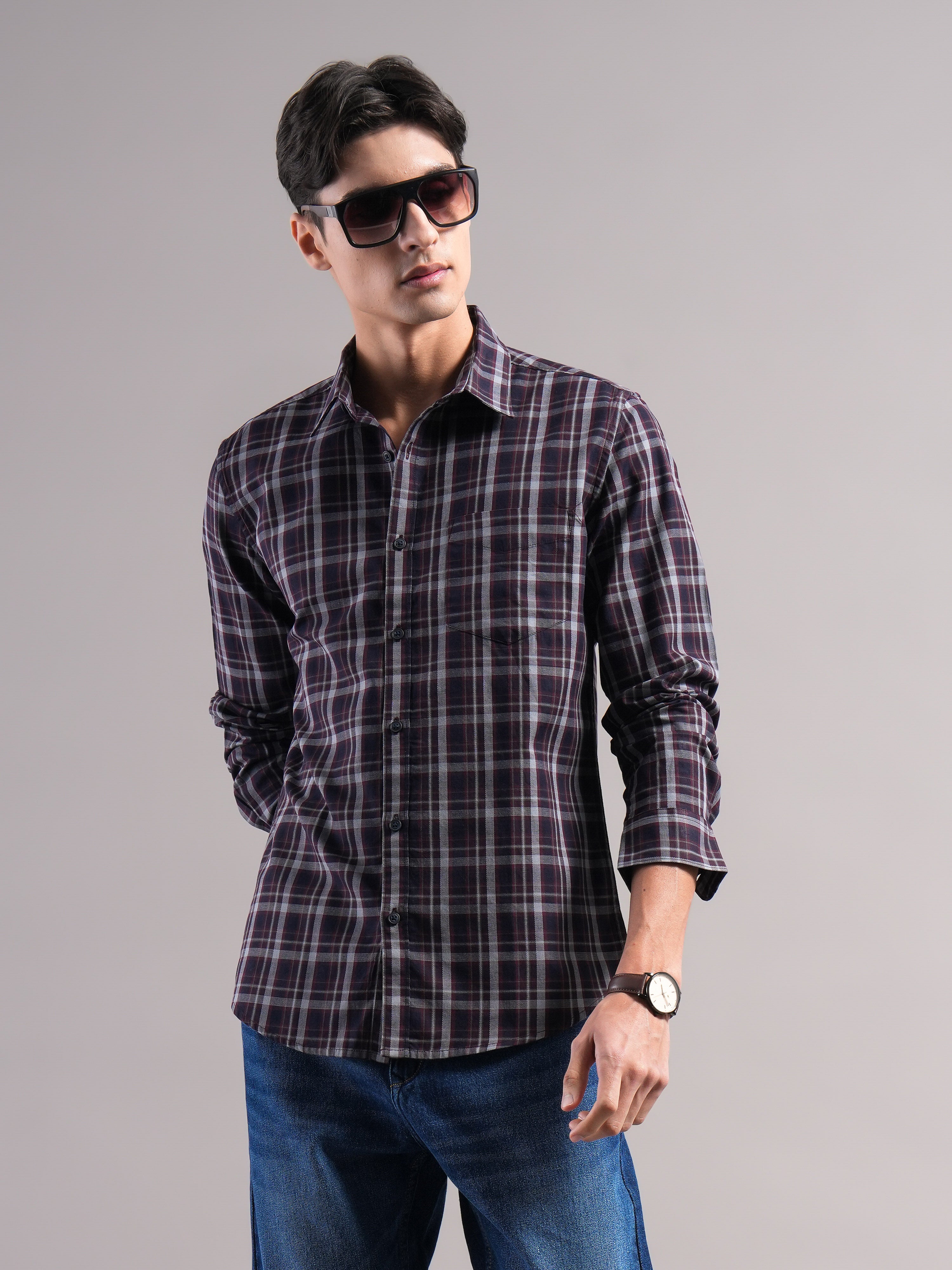 Men Smart Slim Fit Tartan Checks Checked Casual Shirt