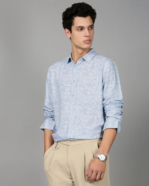Men Smart Slim Fit Floral Printed Spread Collar Cotton Formal Shirt