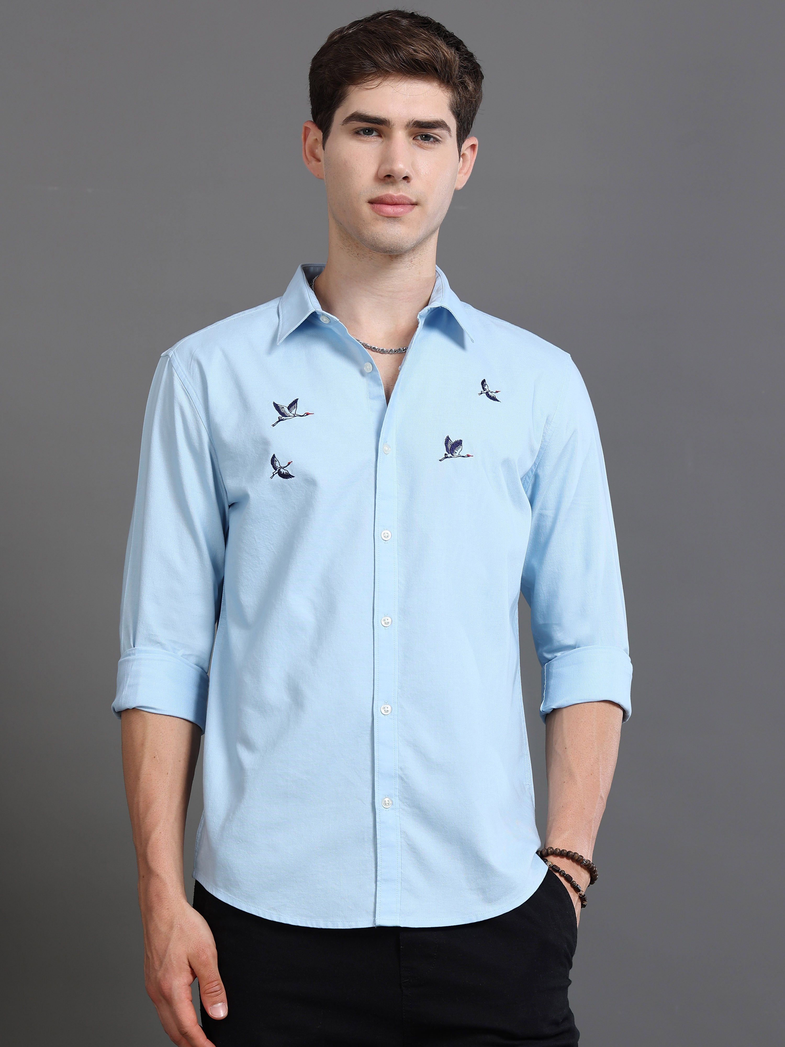 Men Oxford Embroidary Slim Fit Shirt