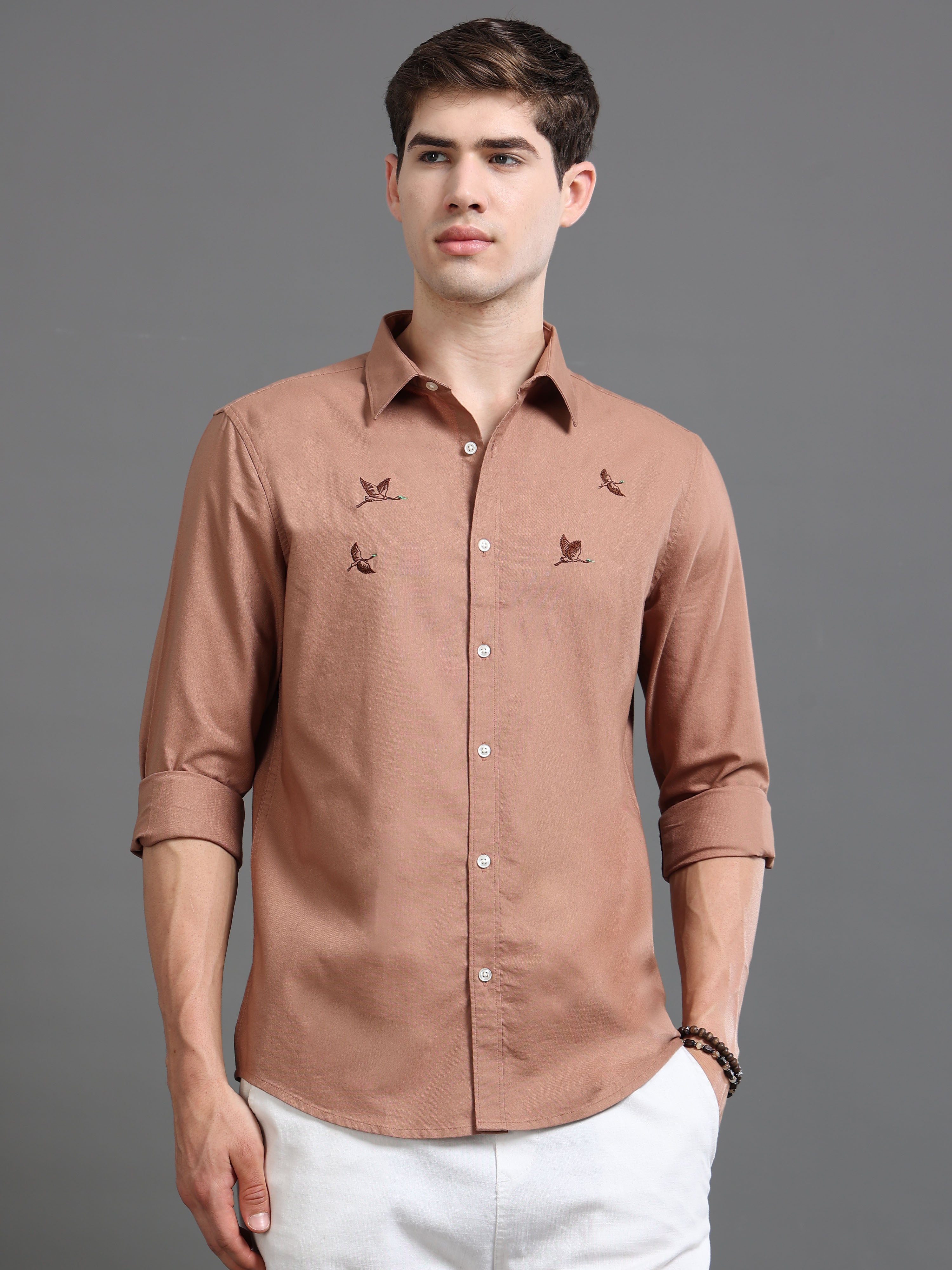 Men Oxford Embroidary Slim Fit Shirt