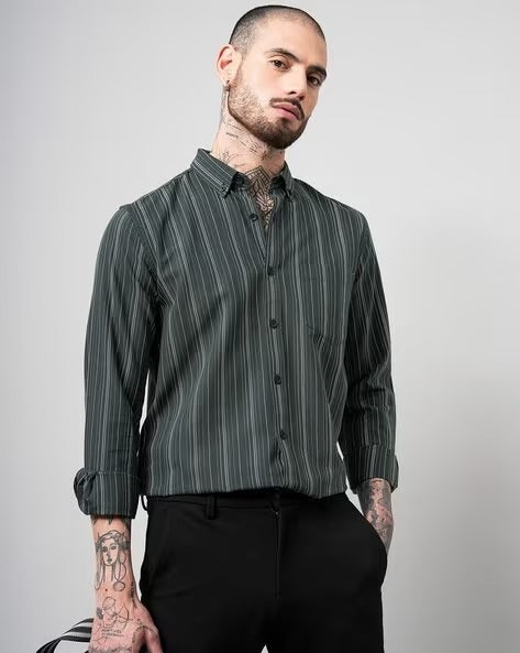 Men Comfort Button-Down Collar Vertical Striped Cotton Casual Shirt
