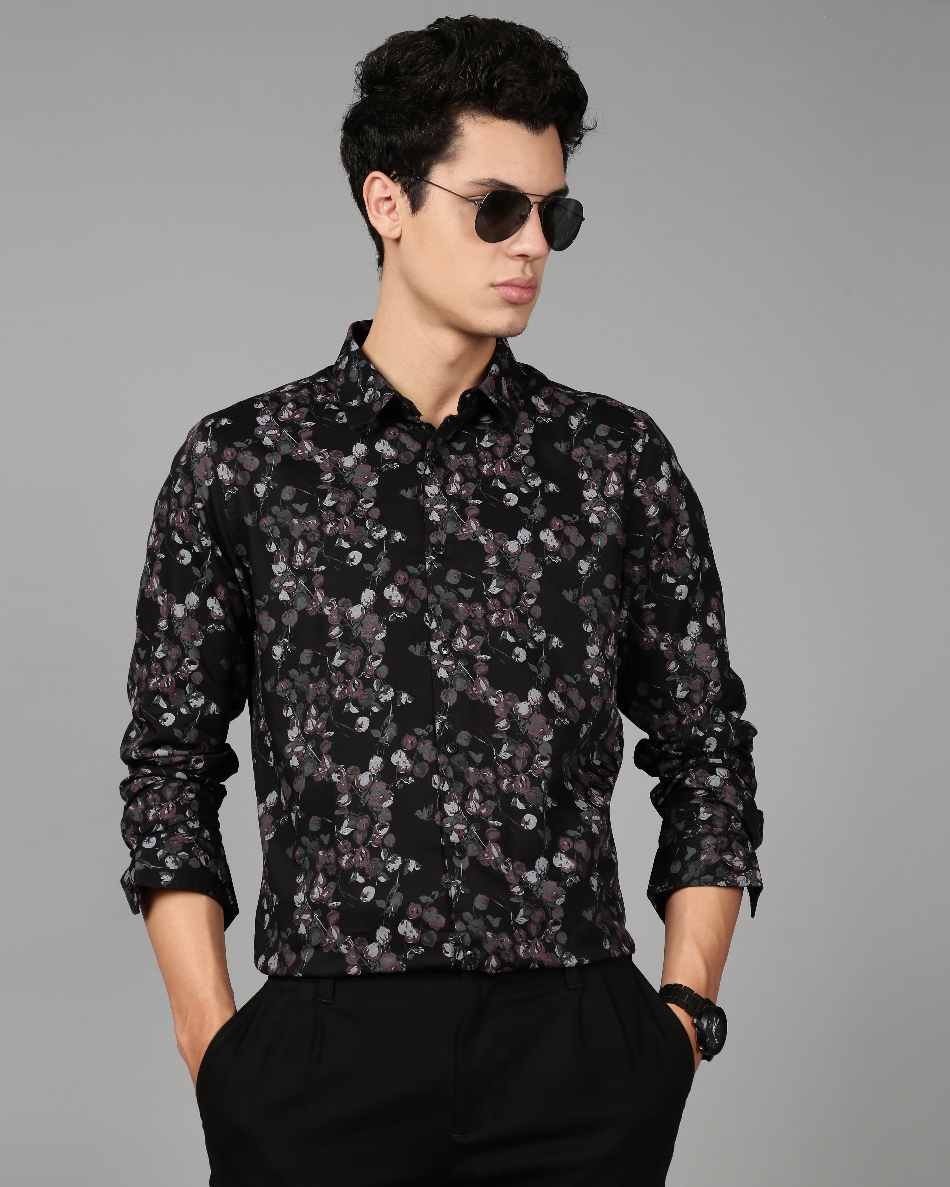 Smart Slim Fit Floral Printed Spread Collar Cotton Casual Shirt