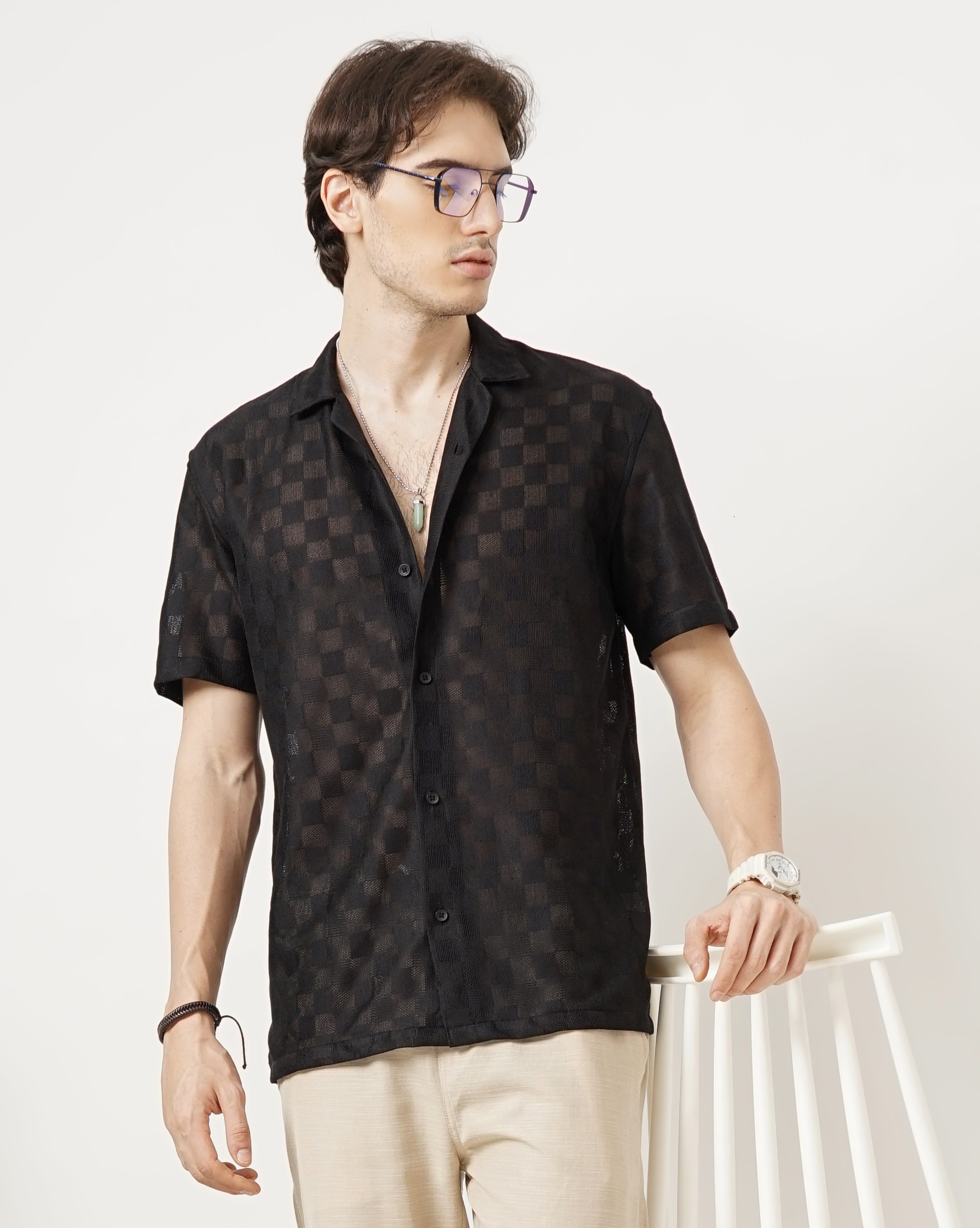 MEN'S REGULAR FIT SELF DESIGN SHIRT