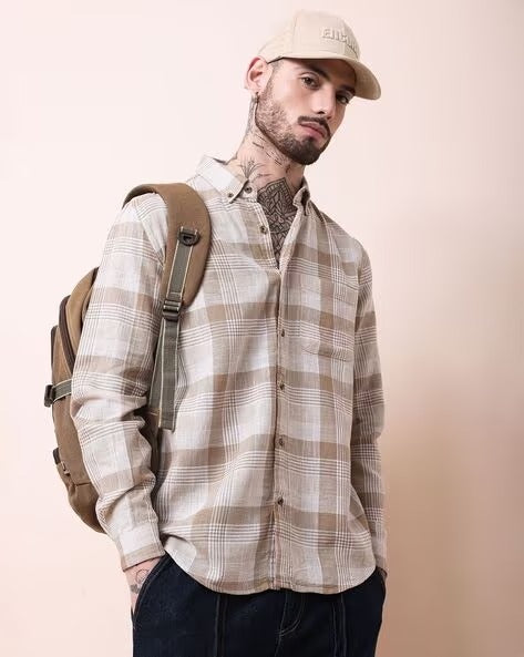 Men Comfort Button-Down Collar Tartan Checked Cotton Casual Shirt