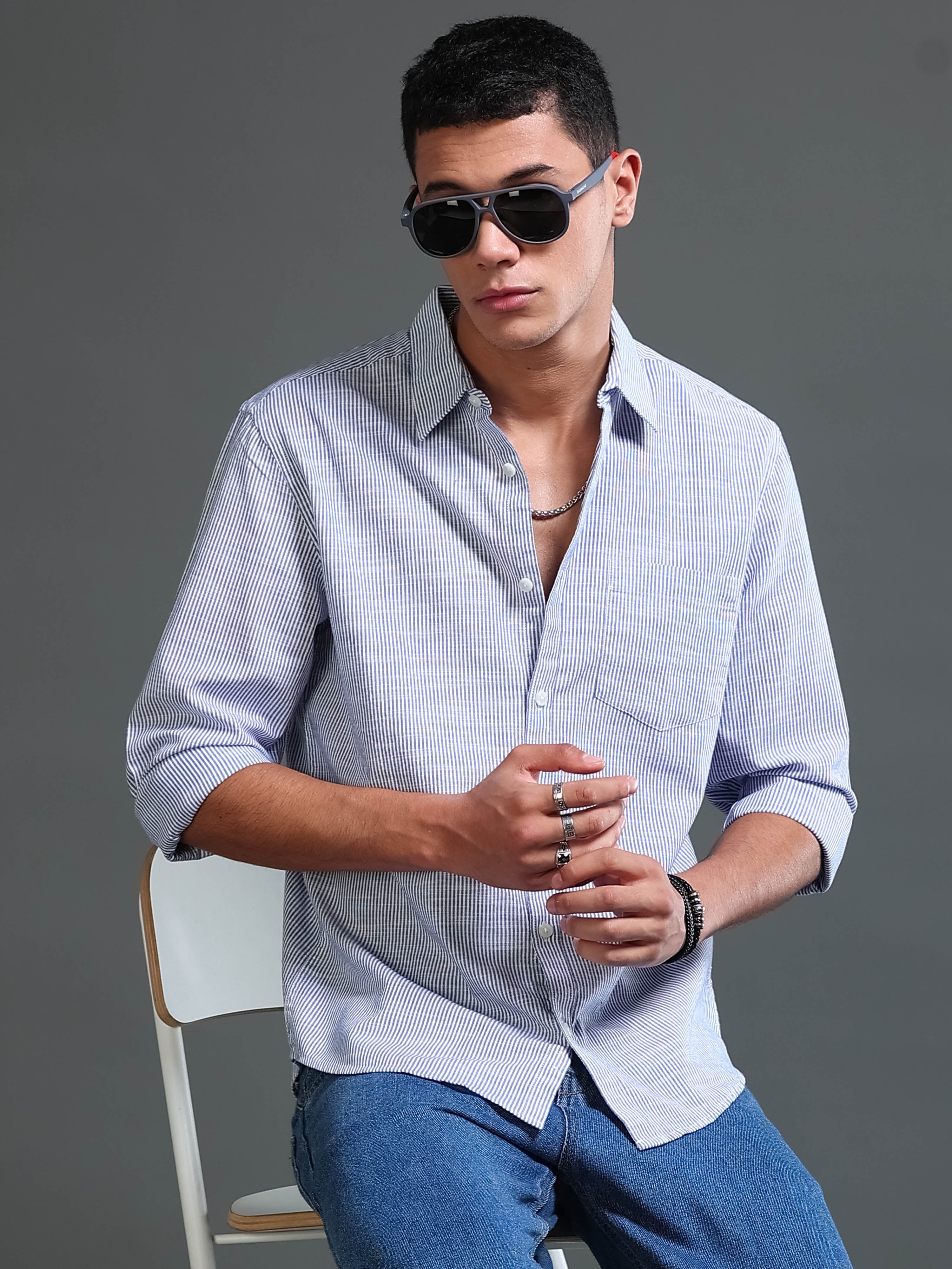 Men Stripes Navy Shirts