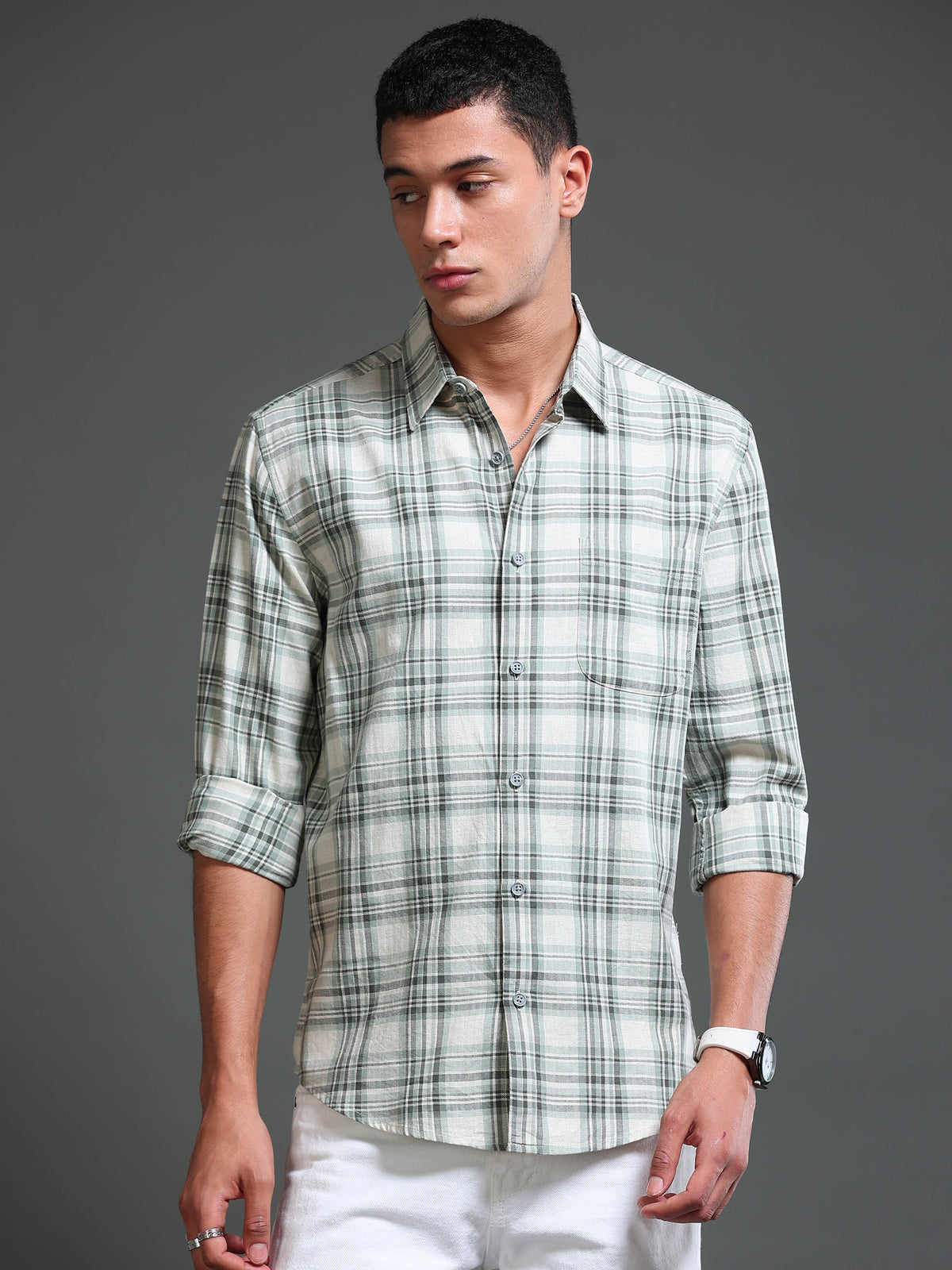 Men's Melange Twill Green Checks Shirts