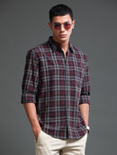 Men Melange Twill Burgundy Checks Shirts
