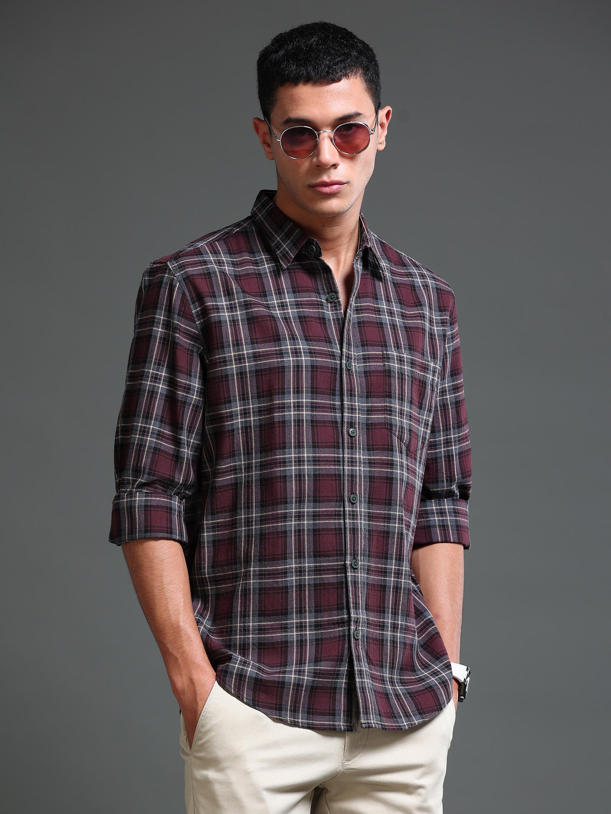 Men Melange Twill Burgundy Checks Shirts