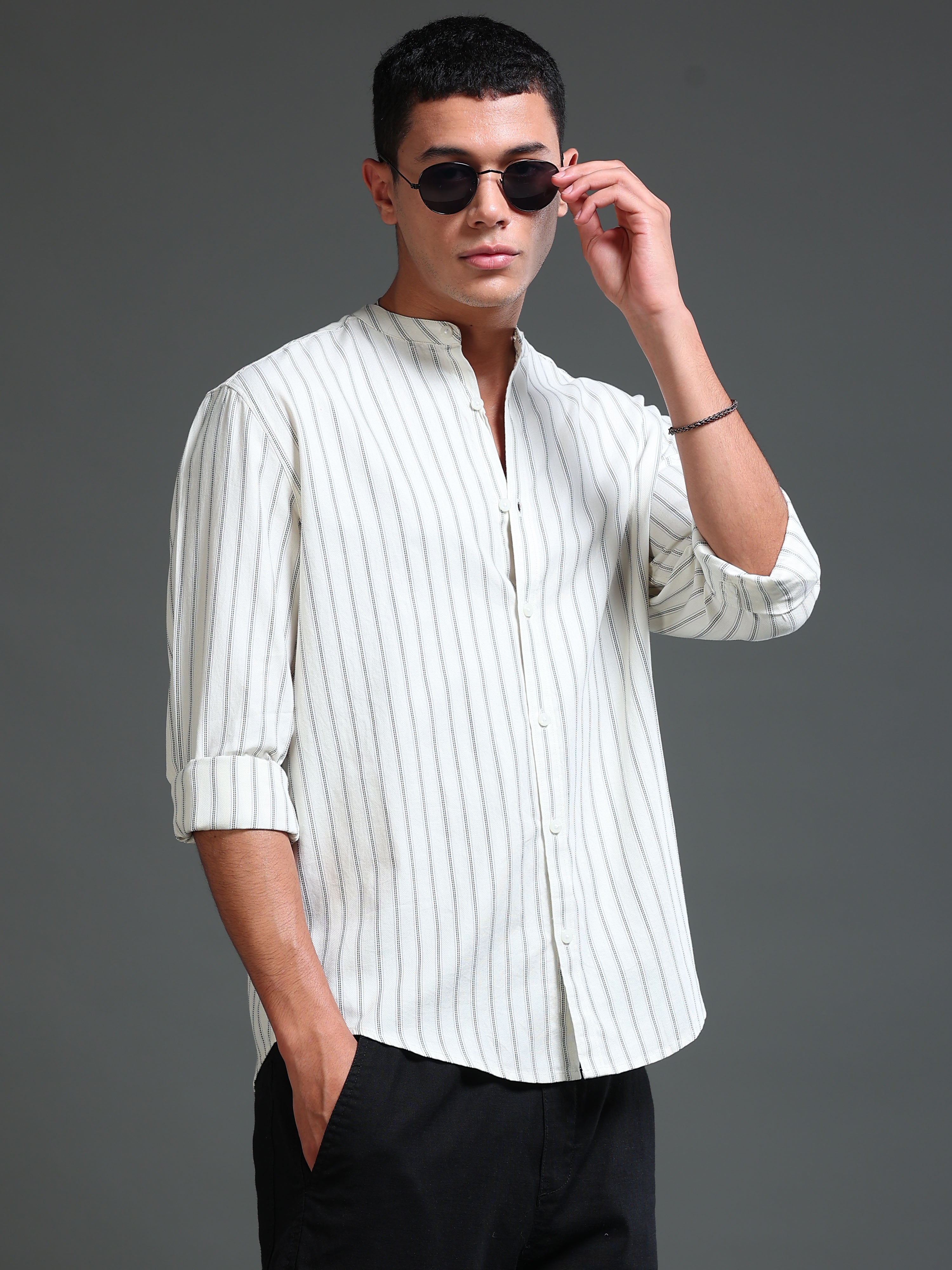 Men Stripes Cream Shirt