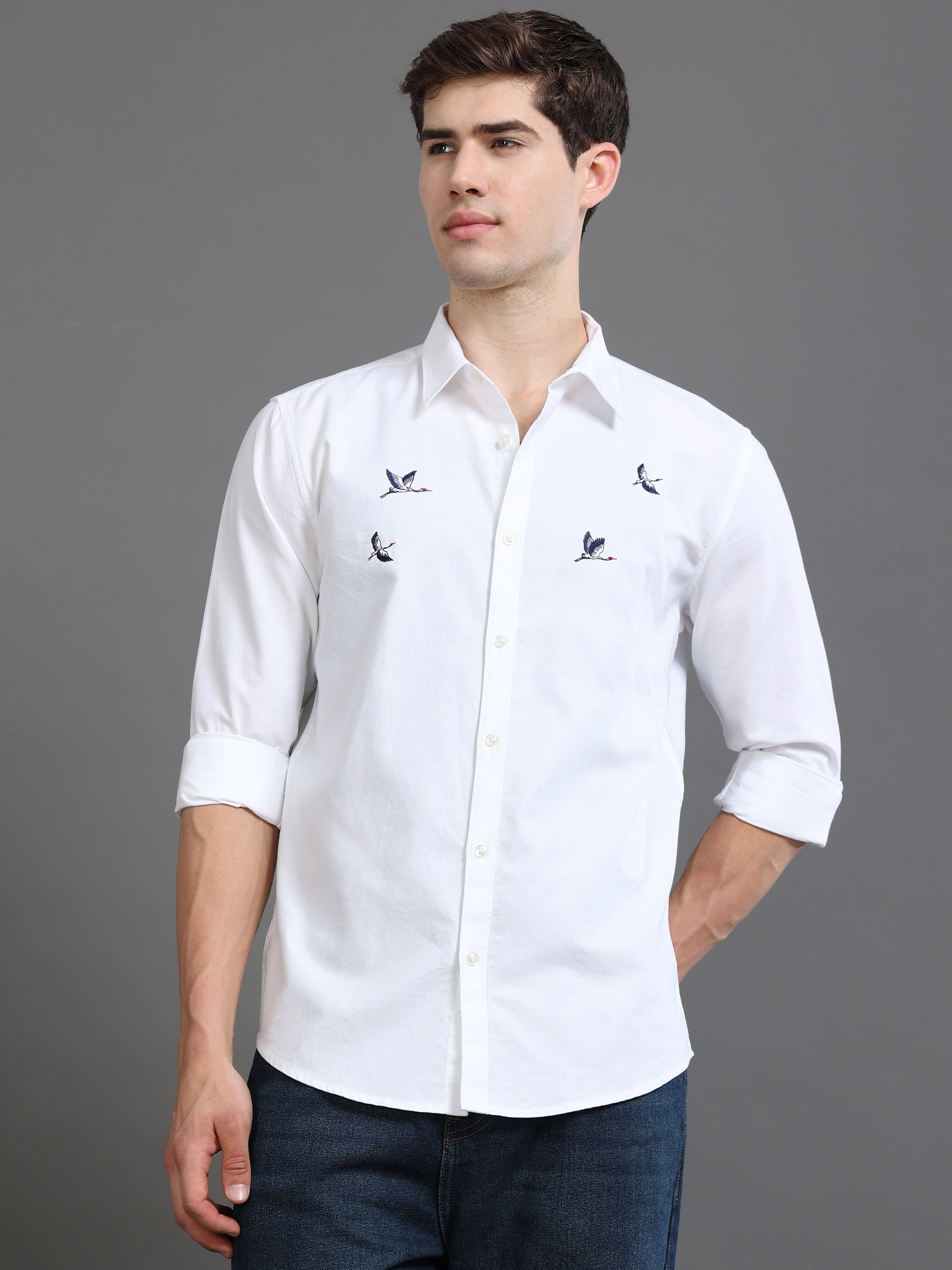 Men Oxford Embroidary Slim Fit Shirt