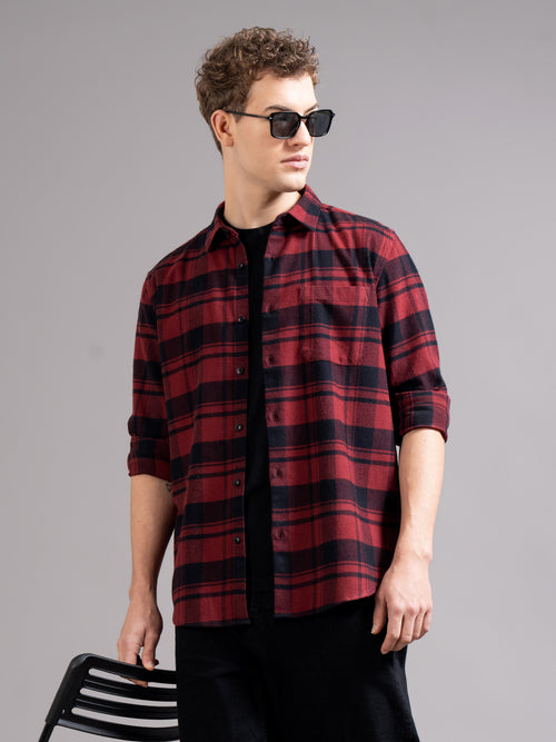 Men Smart Relaxed Fit Tartan Checked Spread Collar Cotton Casual Shirt