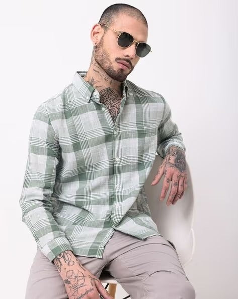 Men Comfort Button-Down Collar Tartan Checked Cotton Casual Shirt