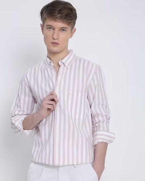 Men Smart Fit Vertical Striped Button-Down Collar Cotton Casual Shirt
