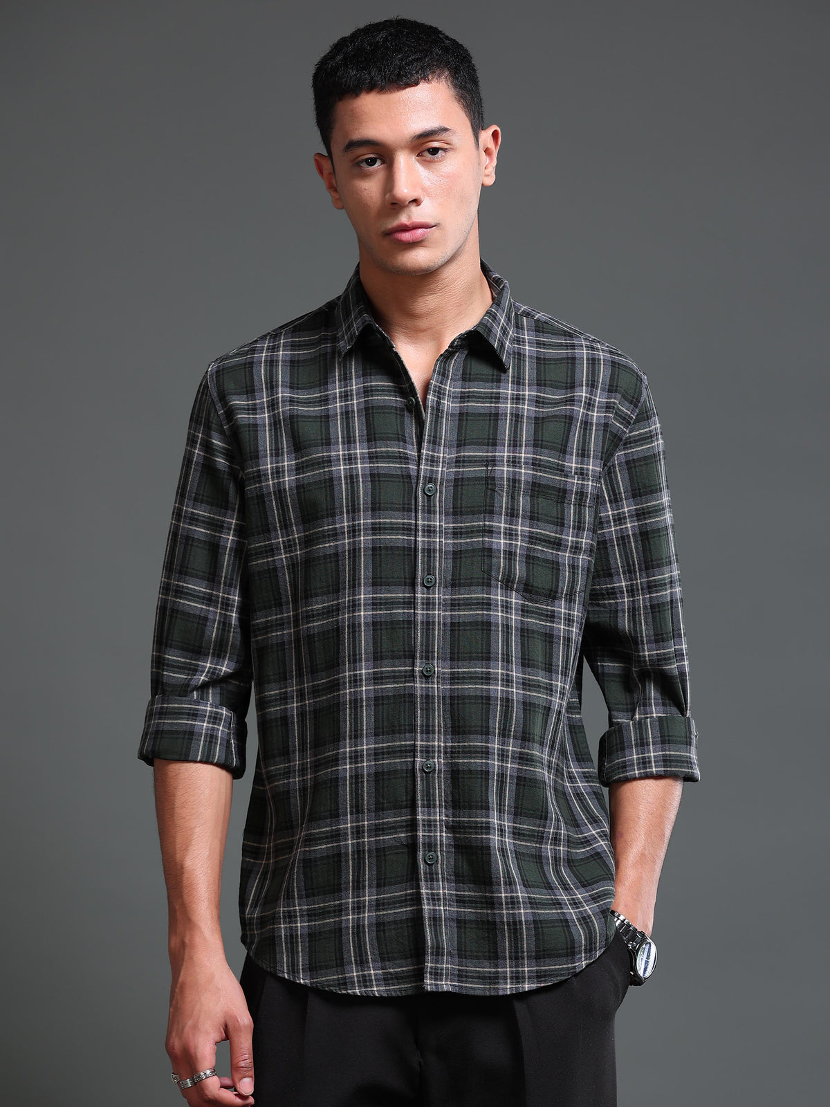 Men's Melange Twill Olive Checks Shirts