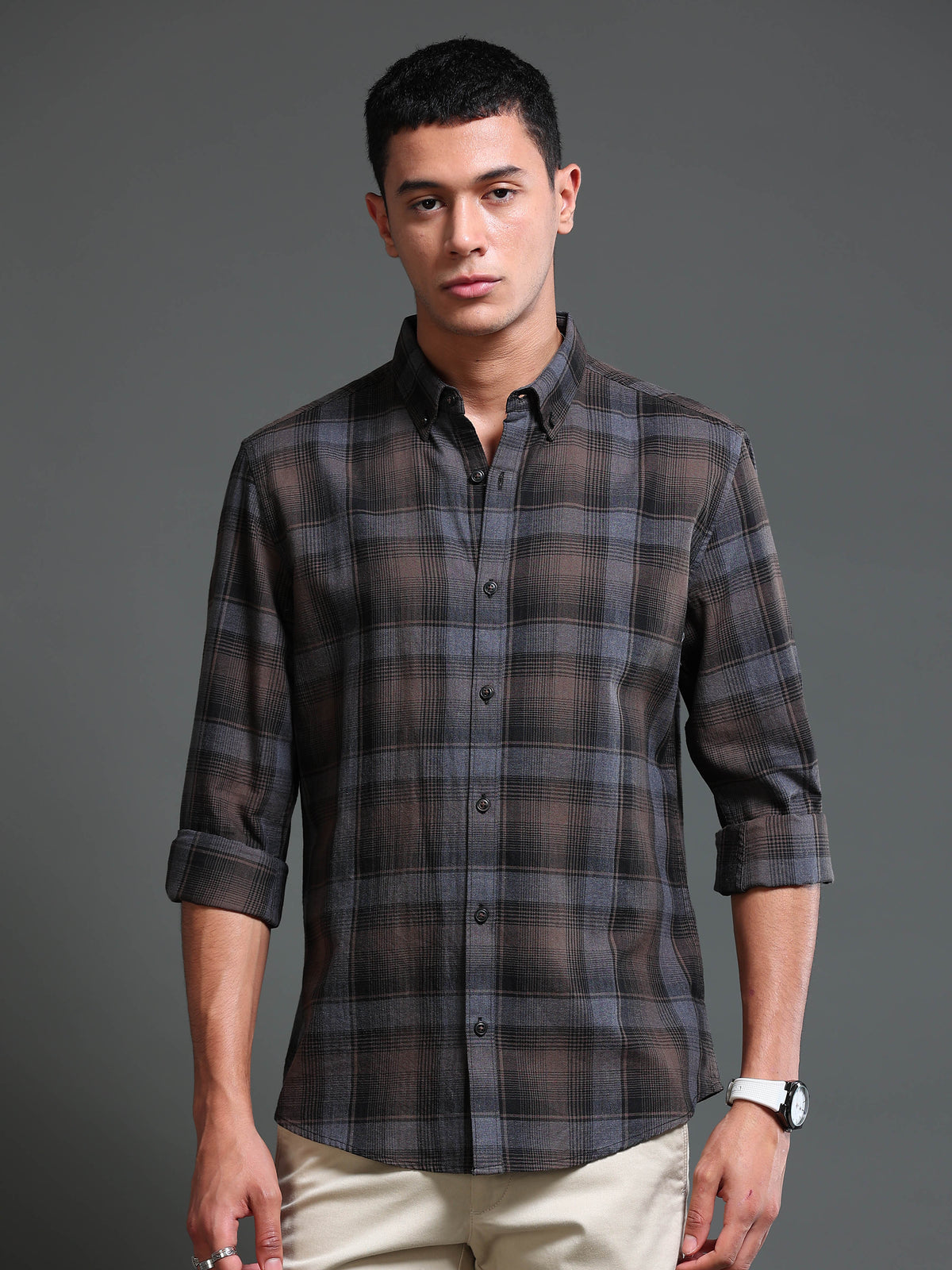 Men's Melange Twill Brown Checks Shirts
